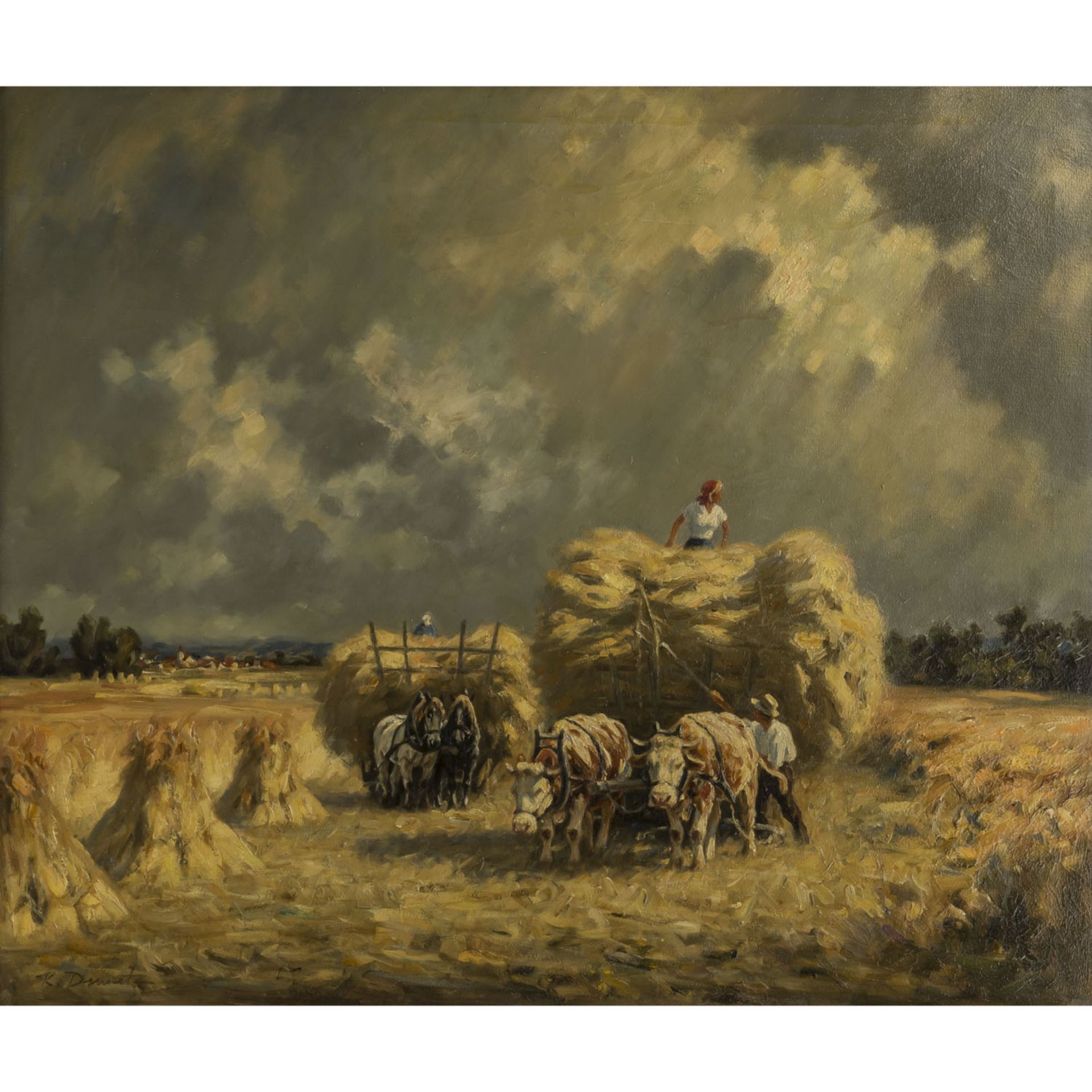 DEMETZ, KARL (Trossingen 1909-1986 Apfelstedten), "Heuernte auf der Baarebene",Bauern beim Beladen