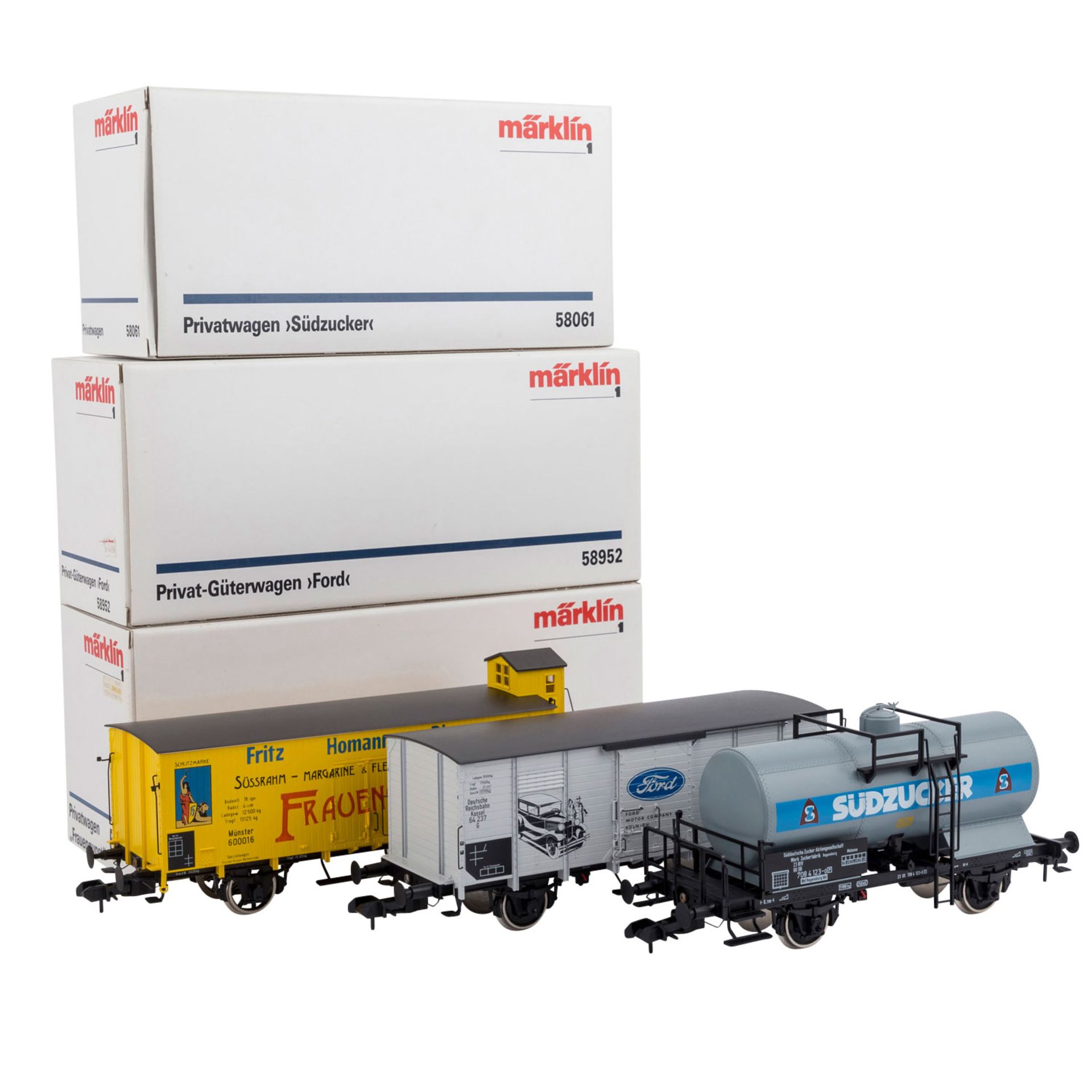 MÄRKLIN Konvolut von drei Güterwagen, Spur 1,bestehend aus 5431 Privatwg. Frauengunst, 58061