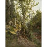 GEBHARDT, C. ? (Maler 19./20. Jh.), "Jäger mit zwei Hunden auf dem Weg im Gebirgswald",am Ufer eines
