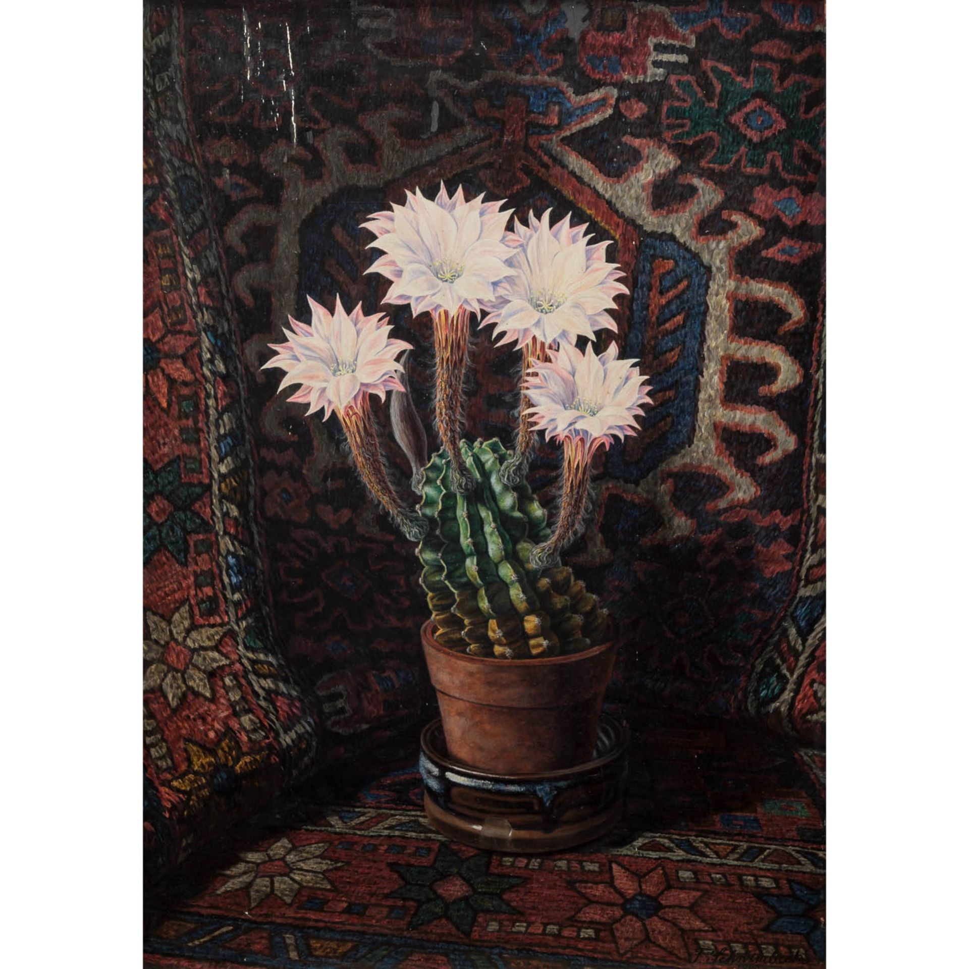 SCHWIMMBECK, FRITZ (1889-1972), "Blühender Kaktus vor Kasak-Teppich",u.re. signiert und datiert