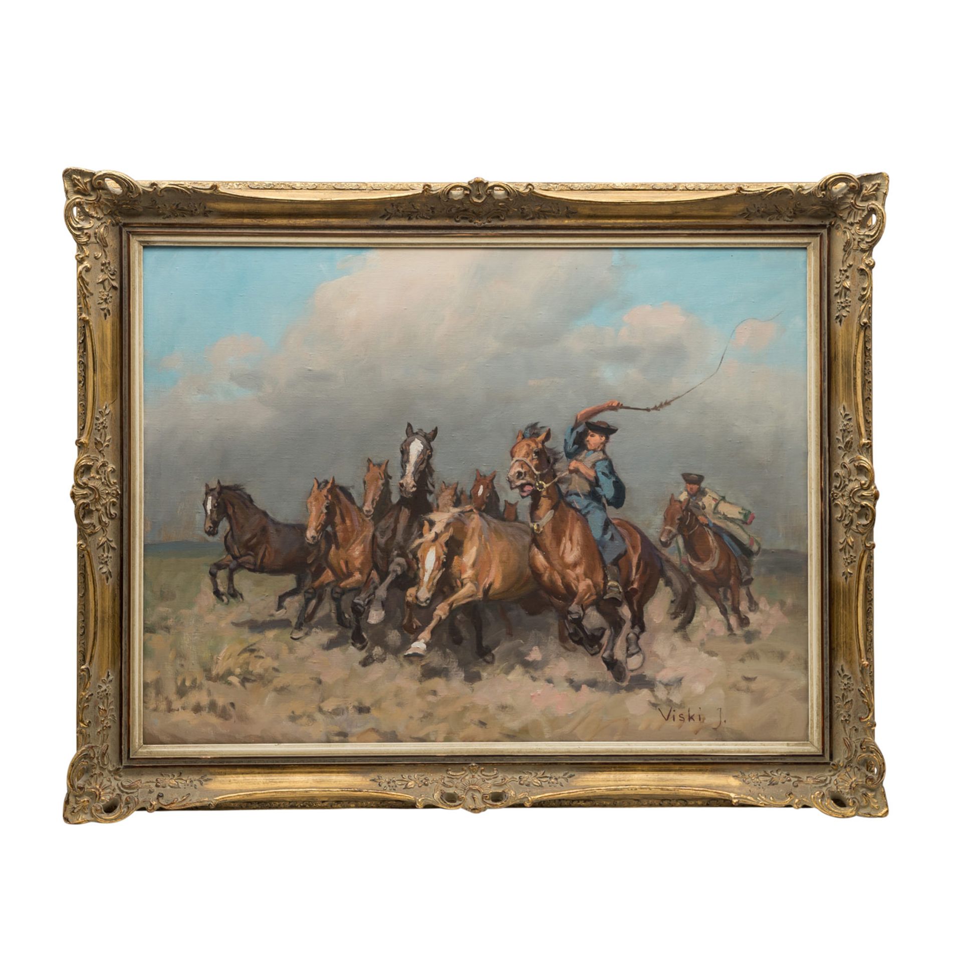 VISKI, JÁNOS (1891-1987) "Pferdehirten beim Treiben der Herde in weiter Landschaft"Öl/Leinwand, - Bild 2 aus 4