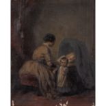 MALER/IN 19. Jh., "Junge Mutter mit Kindern in der Stube",unsigniert, Öl/Leinwand, HxB: ca. 20x17 cm
