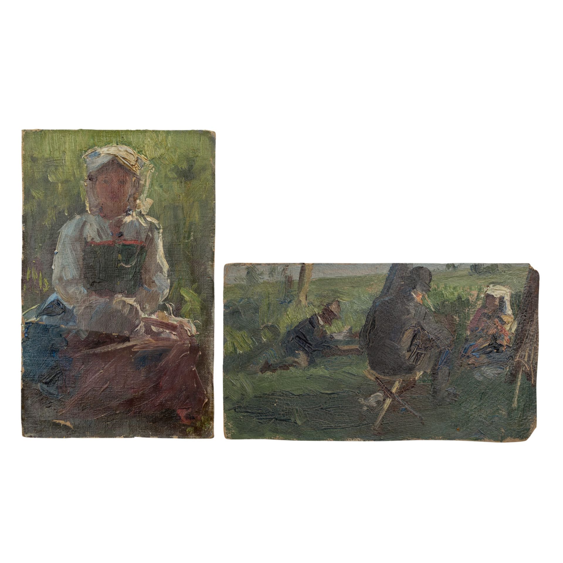 IMPRESSIONIST des 19./20. Jh., 2 Personen-Studien,1x "Zwei Maler und Modell am Wiesenrain", verso