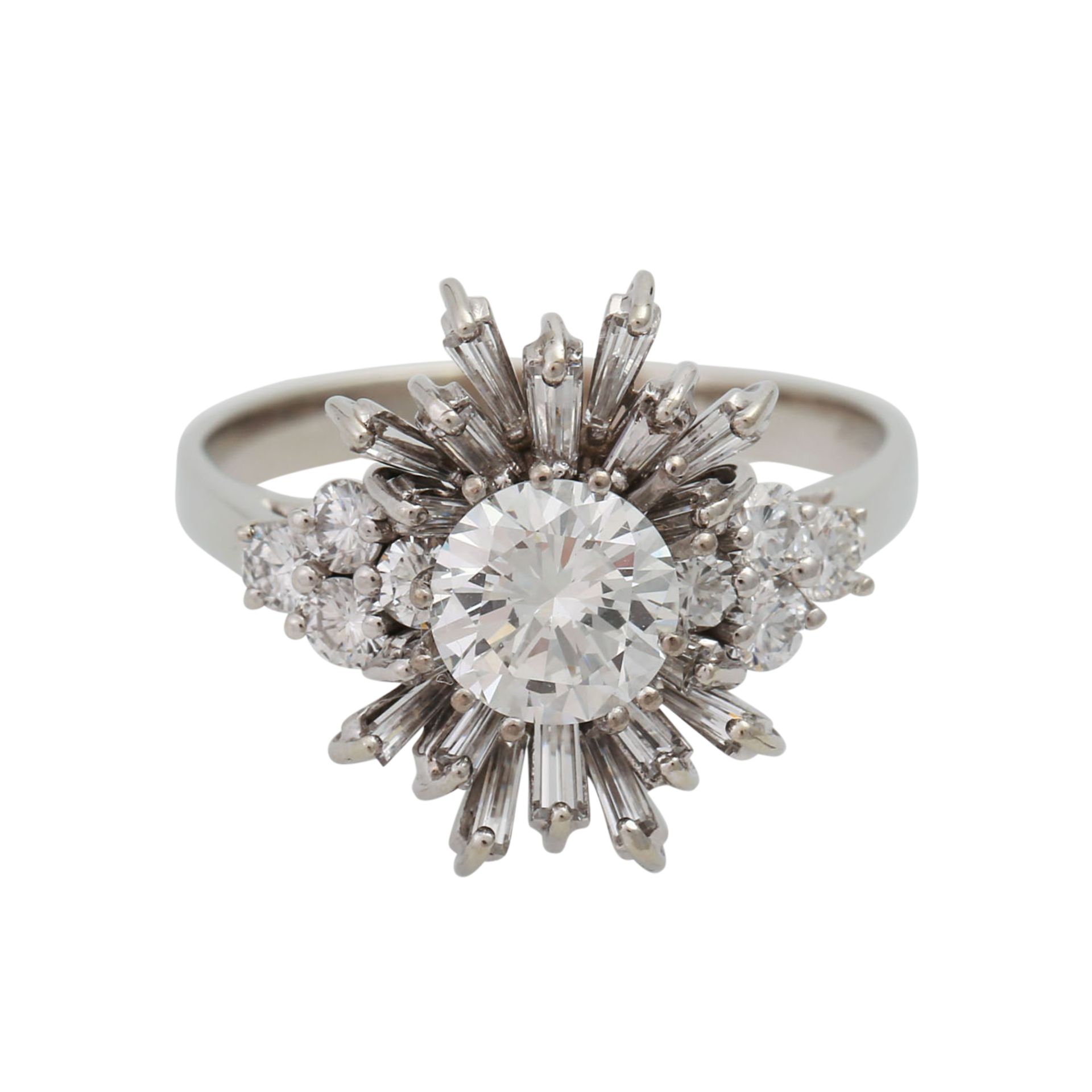 Ring mit Diamantbesatz zus. ca. 1,6 ctdavon zentral 1 Brill. ca. 0,98 ct WEIß (H)/VVS, 8 kl.