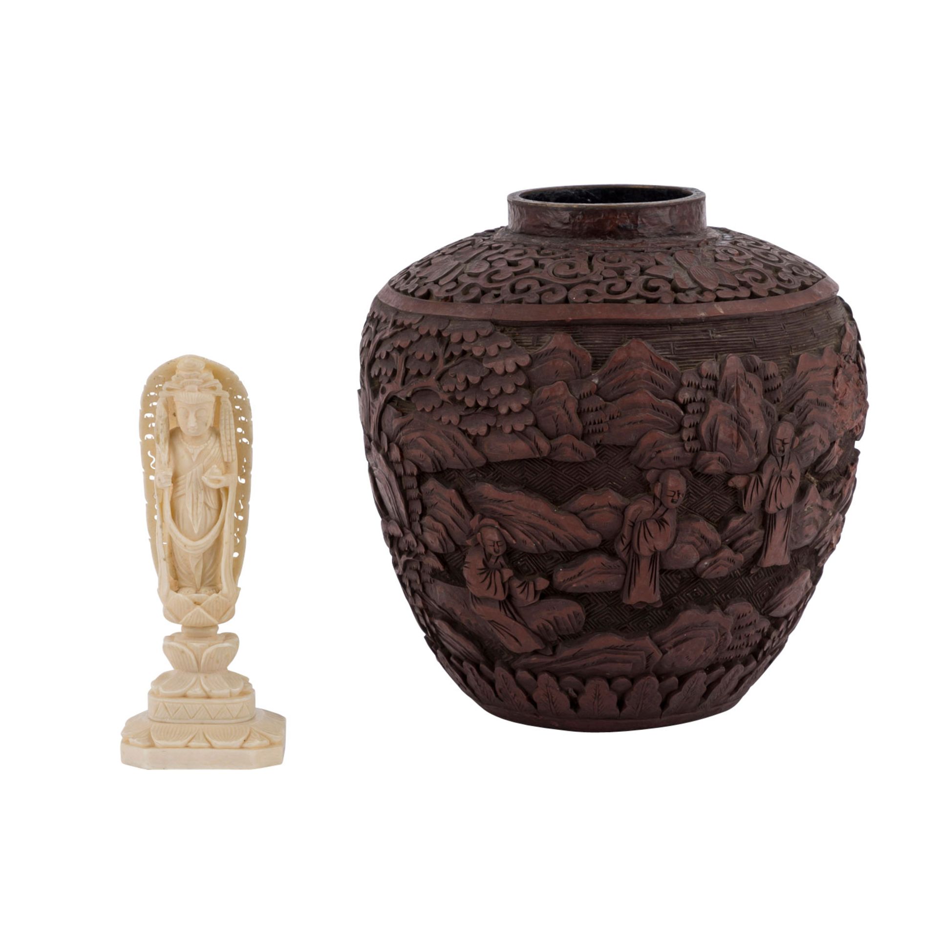 Konvolut: 2 tlg. ASIATIKA1 Vase mit Reliefdekor, CHINA, H: 15 cm, besch./1 Buddha aus Elfenbein,
