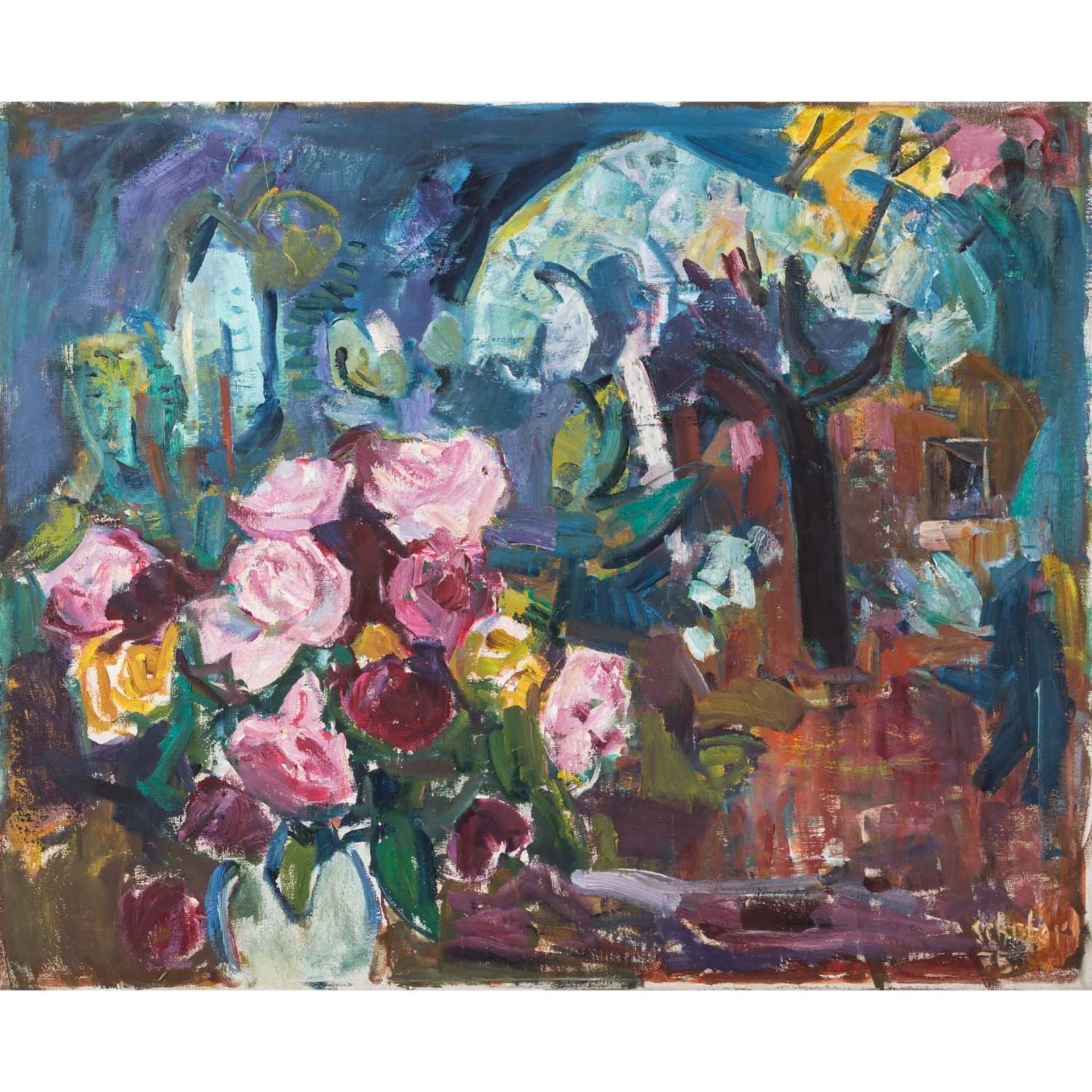 SCHOBER, PETER JAKOB (1897-1983), "Rosen im Garten",u.re. signiert und datiert 'Schober 75', Öl/