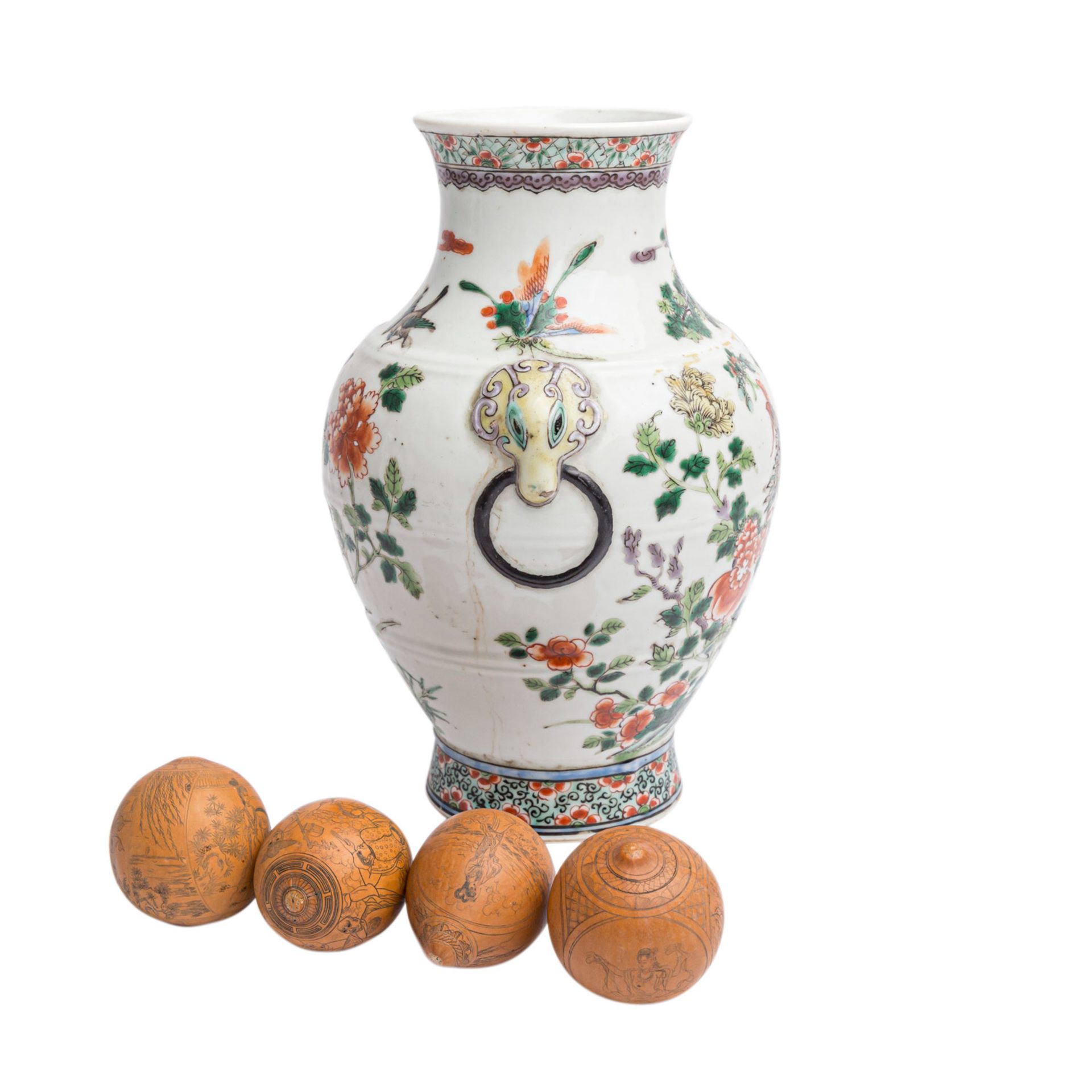 Konvolut 5 tlg.: 1 Vase und 5 kleine Kalebassen. CHINA.Famille verte Vase, H: 26 cm. Als Lampenfuß - Bild 2 aus 8