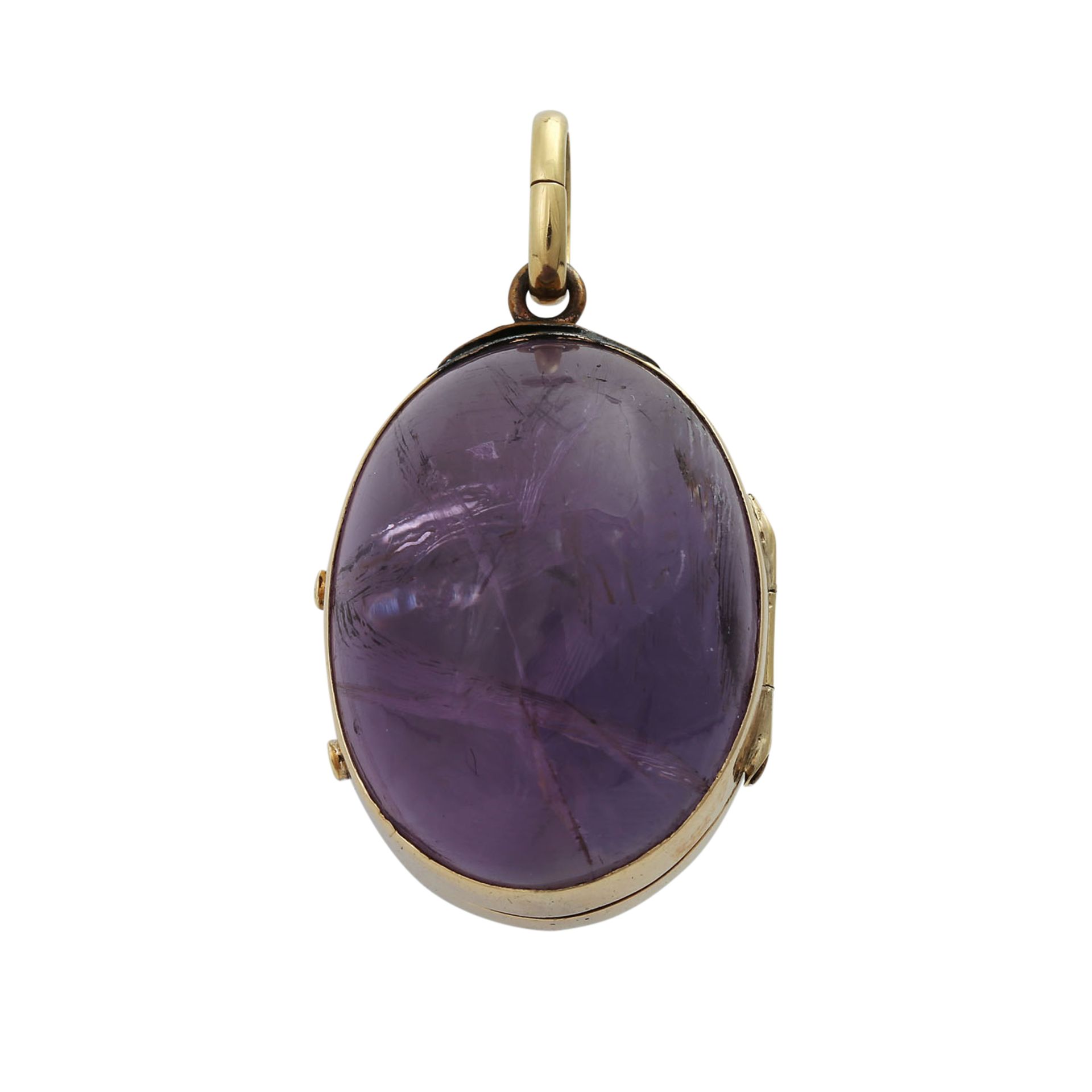 Medaillon aus 2 Amethystcabochonsca. 22x16 mm, GG 14K, Öse Messing. Zinnlot- u. Reparaturspuren, - Bild 4 aus 4