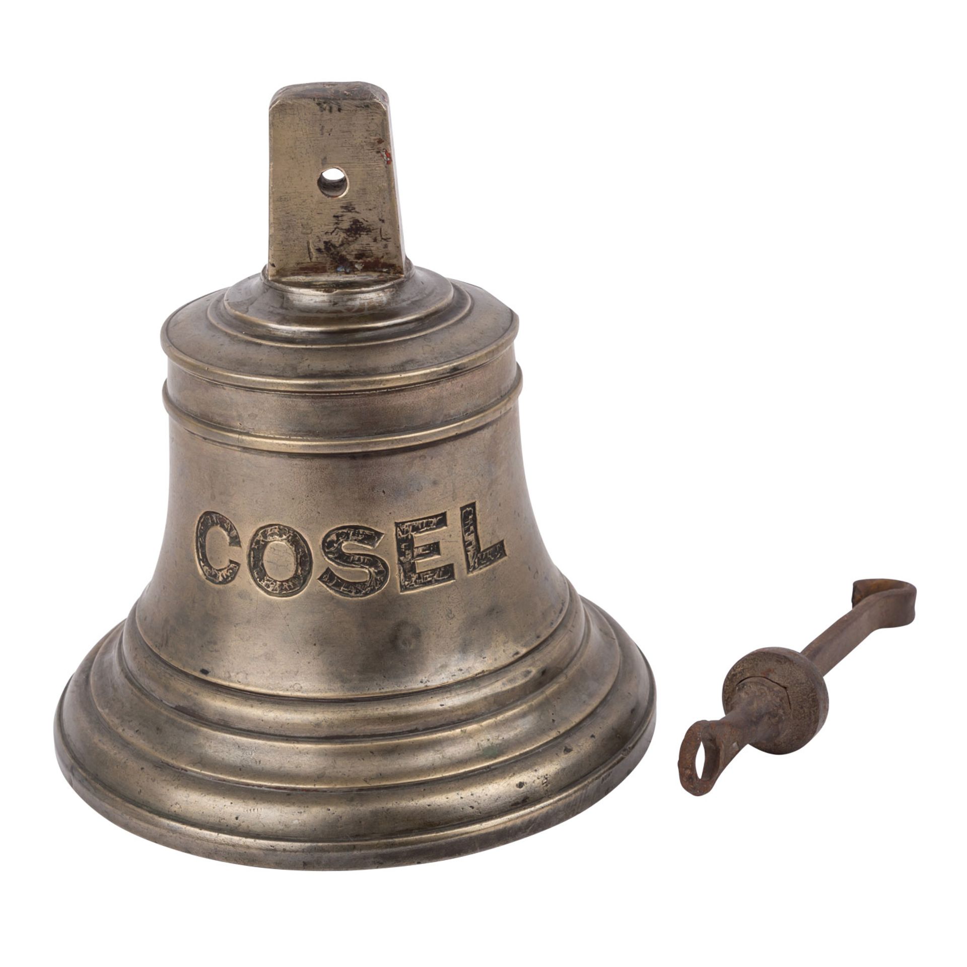 SCHIFFSGLOCKE “COSEL”Polen, 20.Jh., schwere Bronzeglocke mit Aufschrift „COSEL“, Glöppel zum