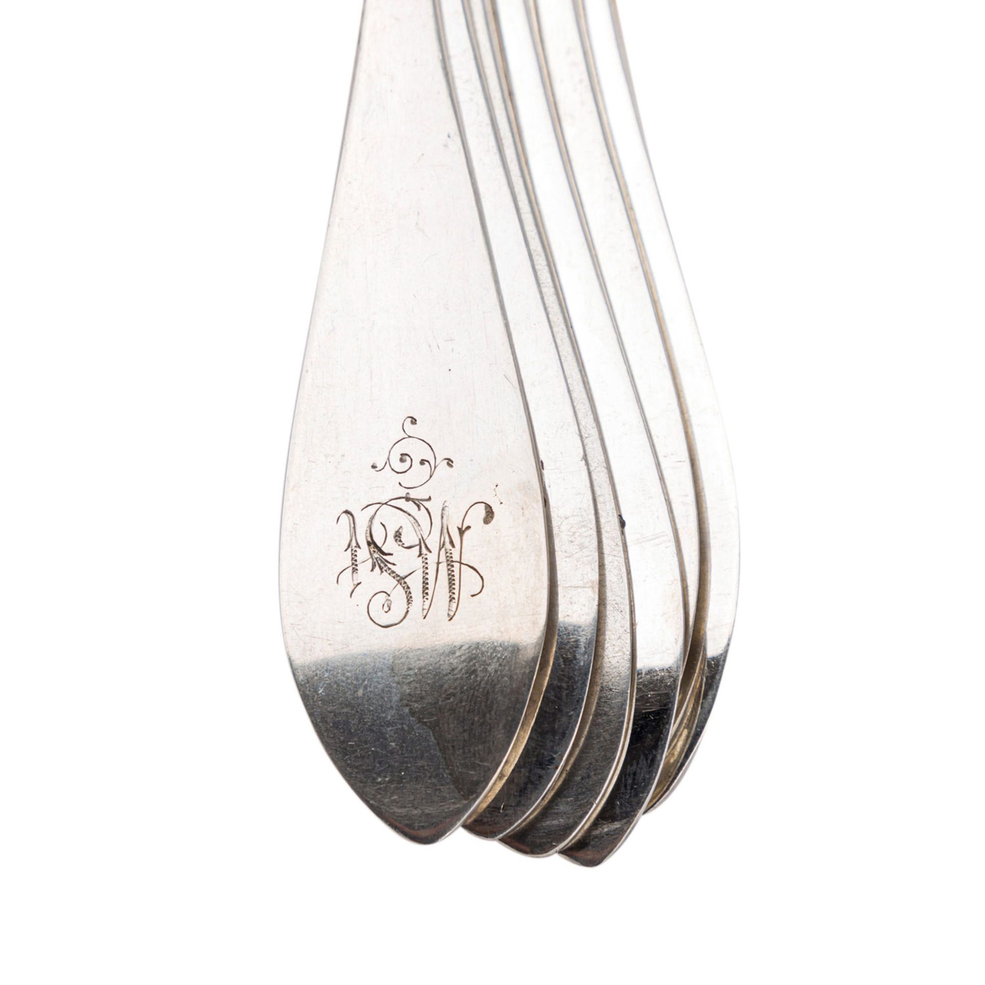 Suppenlöffel für 6 Personen,Spatenform, monogrammiert. Gebrauchsspuren.Soup spoons for 6 persons, - Bild 2 aus 3