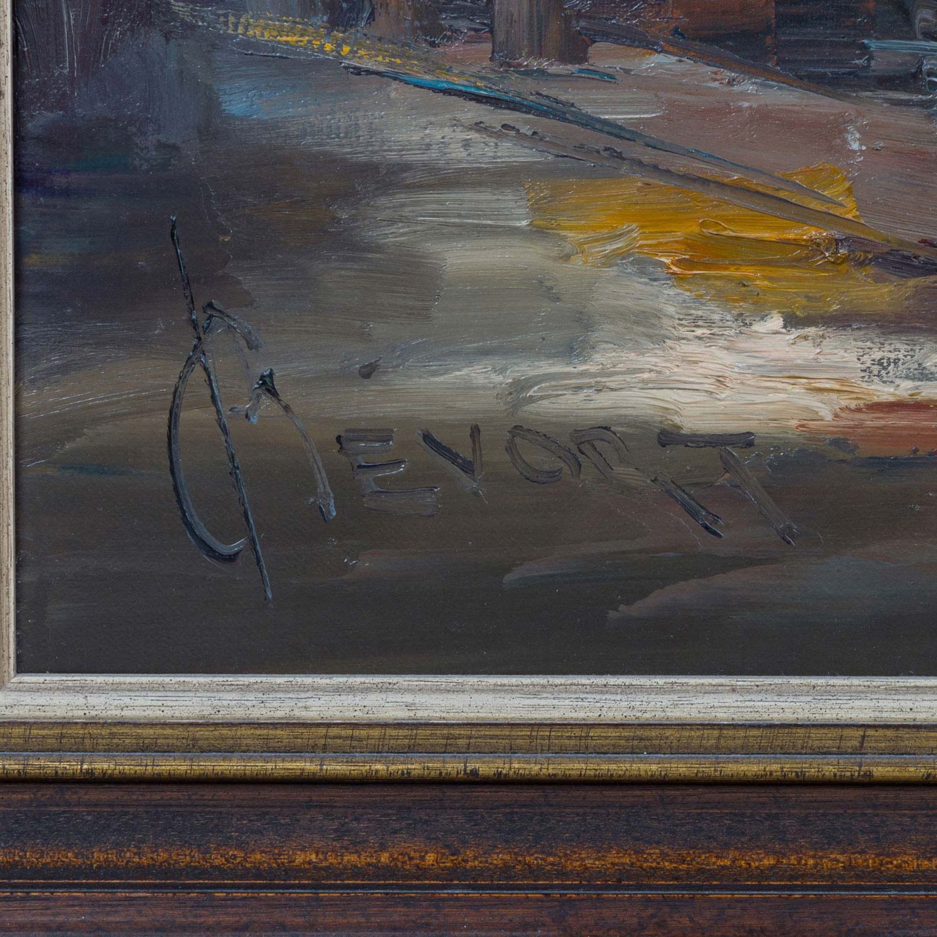 BÉVORT, JAN (1917-1996) „Amsterdamer Hafenszene“Öl auf Leinwand, u.li. und verso sign. HxB: 110/ - Bild 3 aus 5