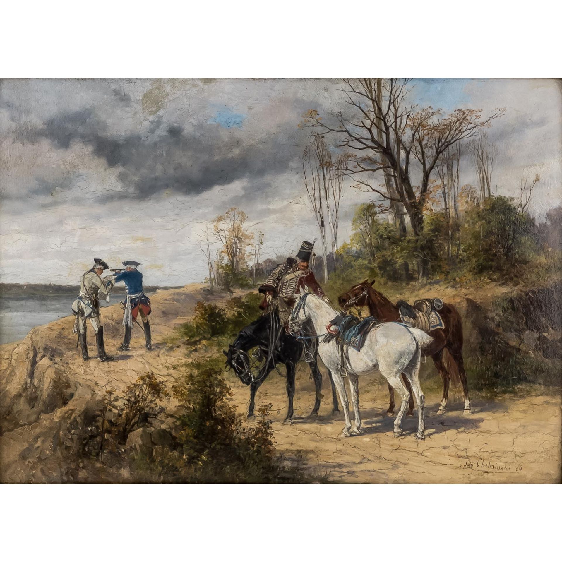 CHELMINSKI, JAN VAN (1851-1925) "Reiterszene"Öl auf Holz, sig und dat. 80, HxB: 32/44 cm. Rahmen,