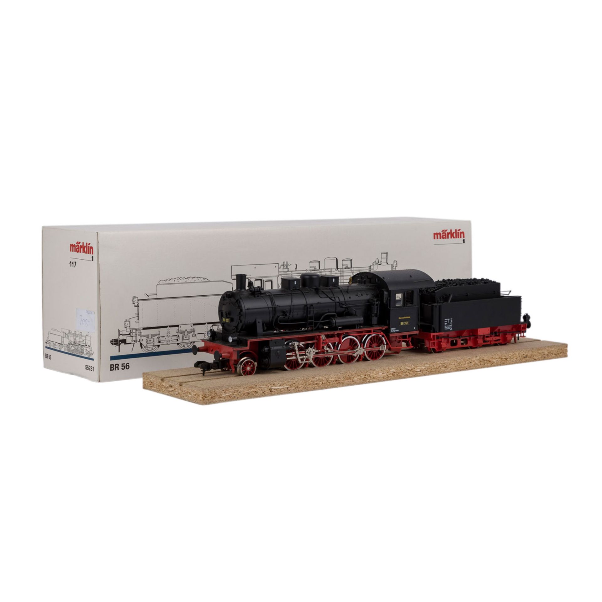 MÄRKLIN Schlepptenderlok 55281, Spur 1.Schwarze Dampflok "DR 56351", auf Pressspan-Sockel