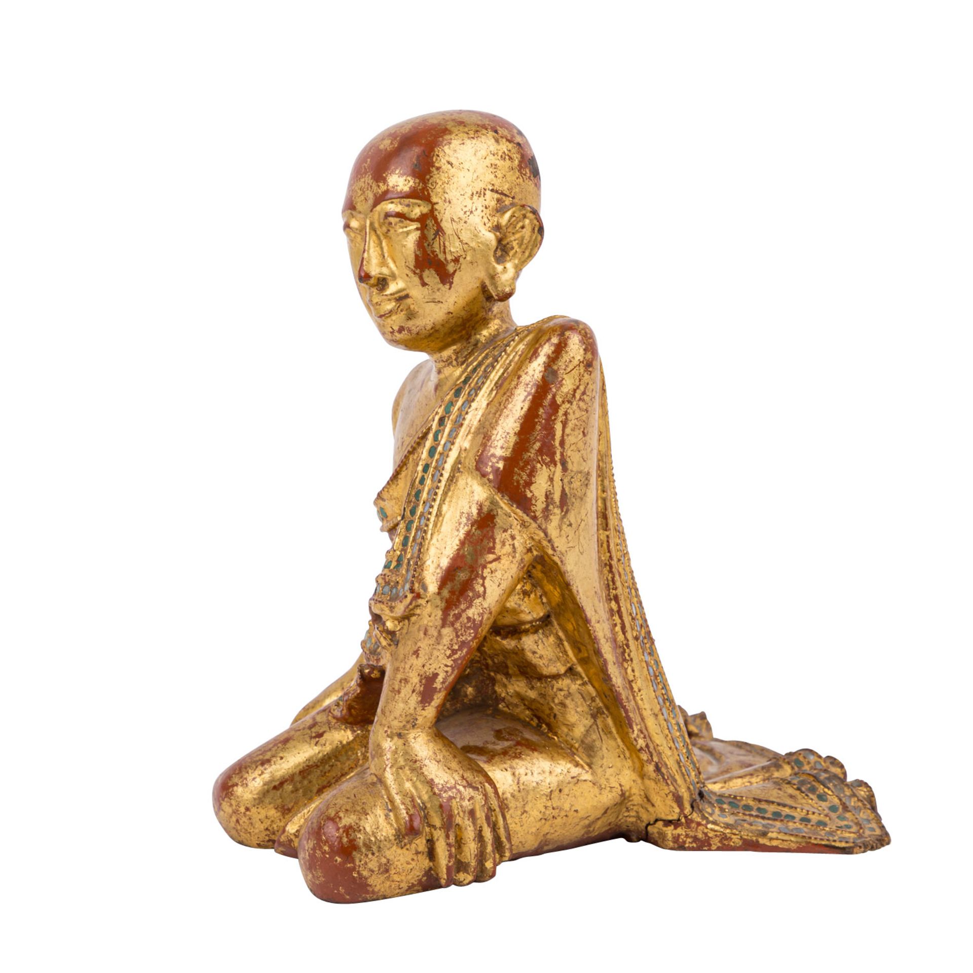 Skulptur eines Mönches aus Holz. BURMA, wohl um 1800.Knieende Darstellung, mehrfach lackiert ( - Bild 2 aus 6