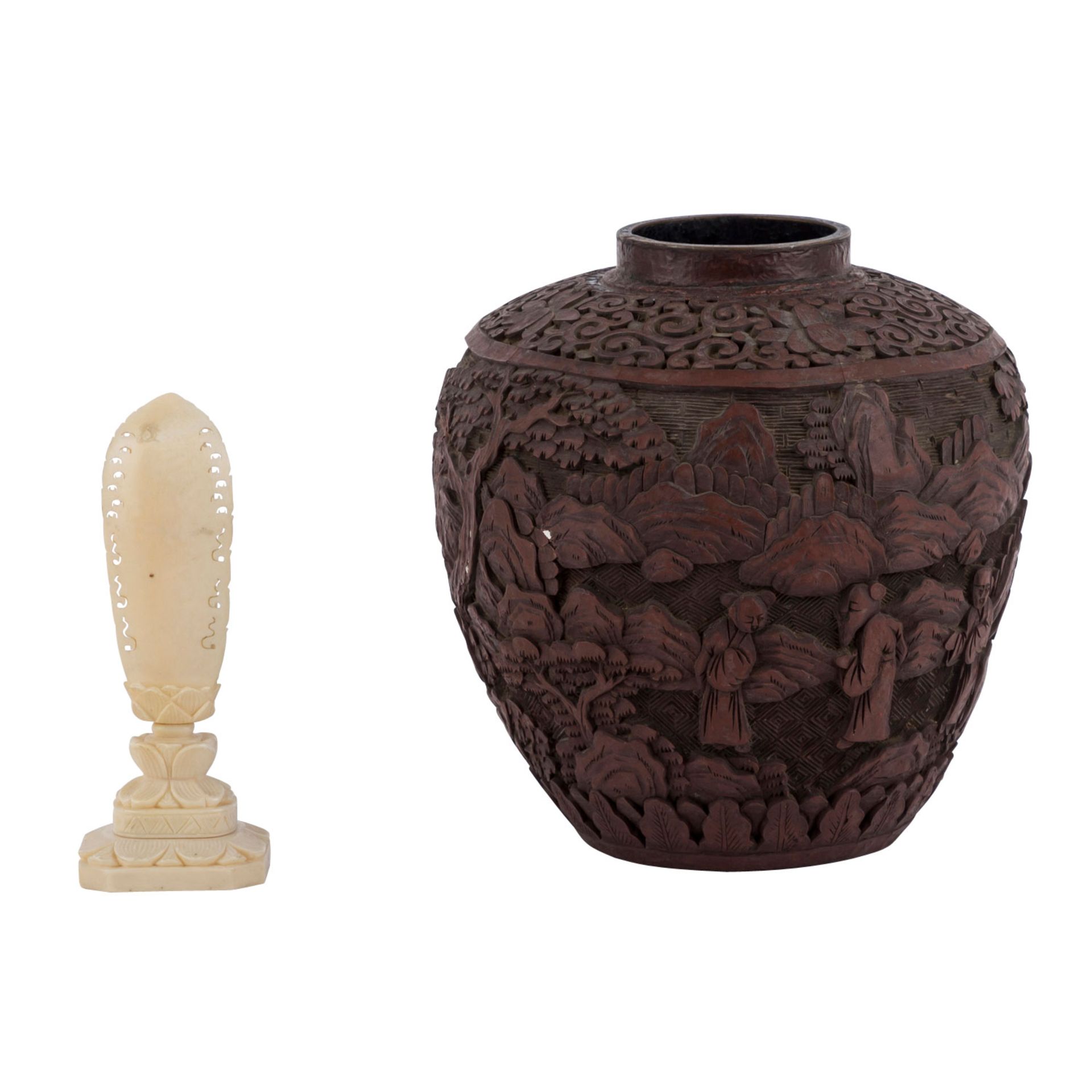 Konvolut: 2 tlg. ASIATIKA1 Vase mit Reliefdekor, CHINA, H: 15 cm, besch./1 Buddha aus Elfenbein, - Bild 3 aus 4