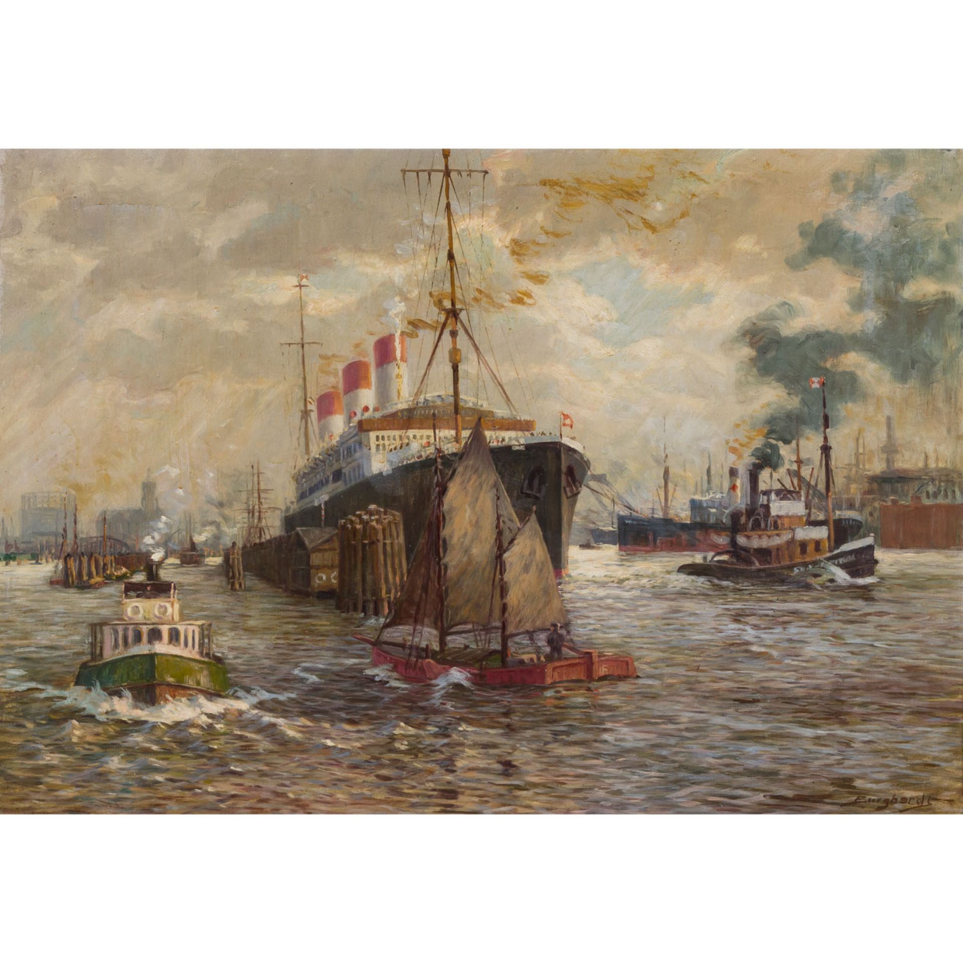 BURGHARDT, GUSTAV (1890-1970) „Hamburger Hafen“Öl auf Leinwand, u. re. sign. HxB: 70,5/100 cm, mit