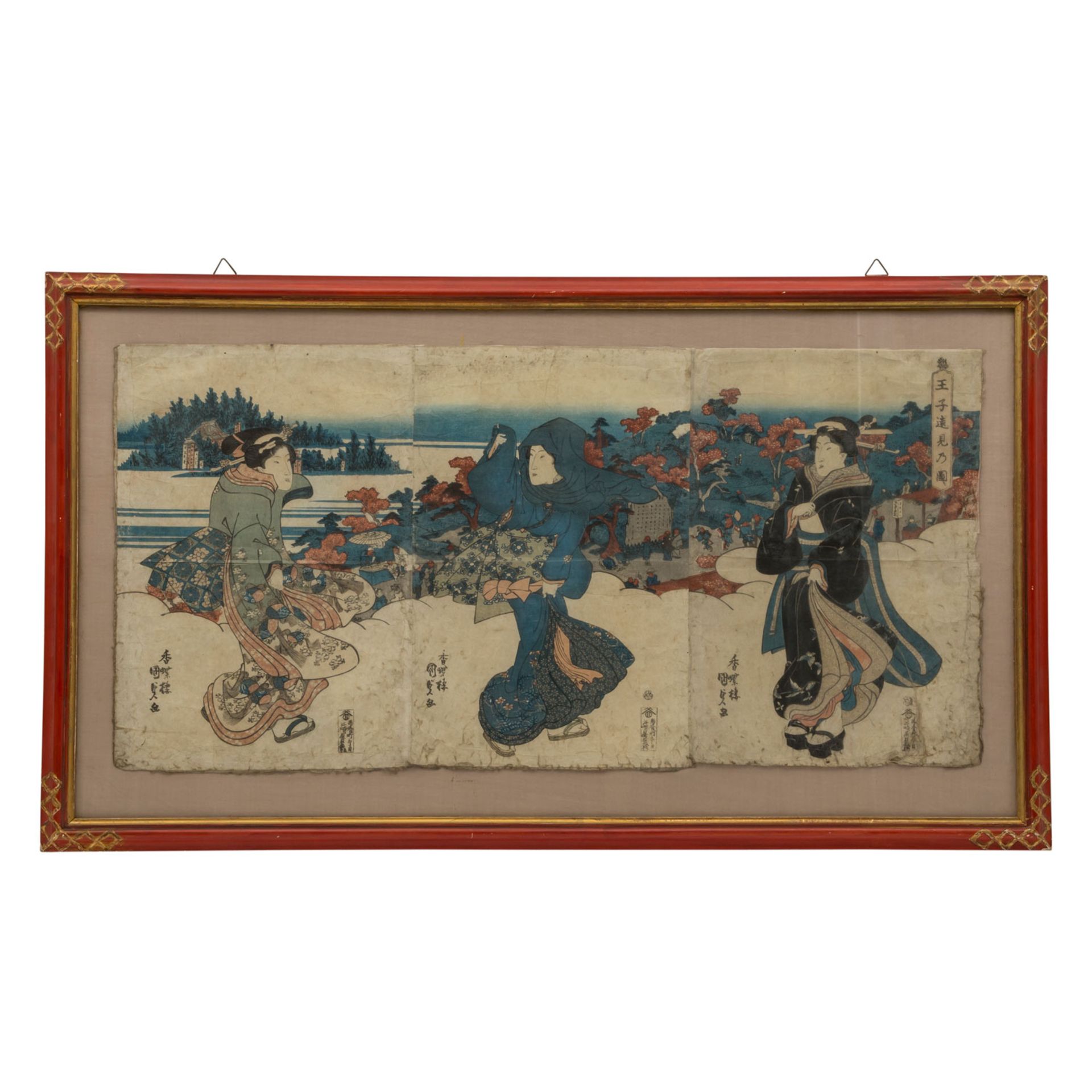 Farbholzschnitt. JAPAN, Meiji-Zeit (1868-1912).37x76 cm, gerahmt 51x87 cm, besch..Colored wood