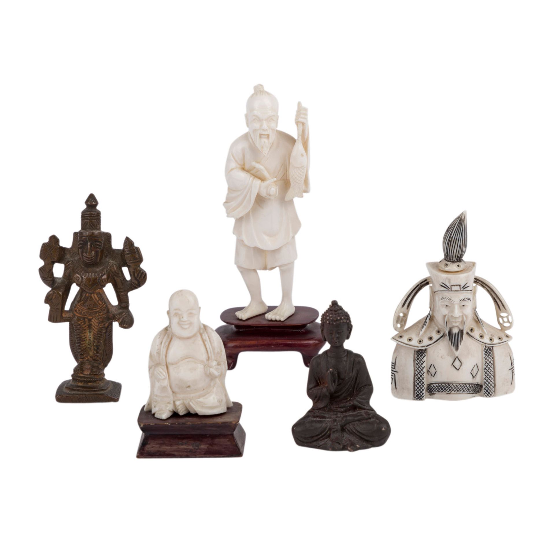 Konvolut: 4 tlg.: 1 snuff bottle und 4 Statuetten. ASIEN.1 snuff bottle aus Elfenbein, um 1930, H: