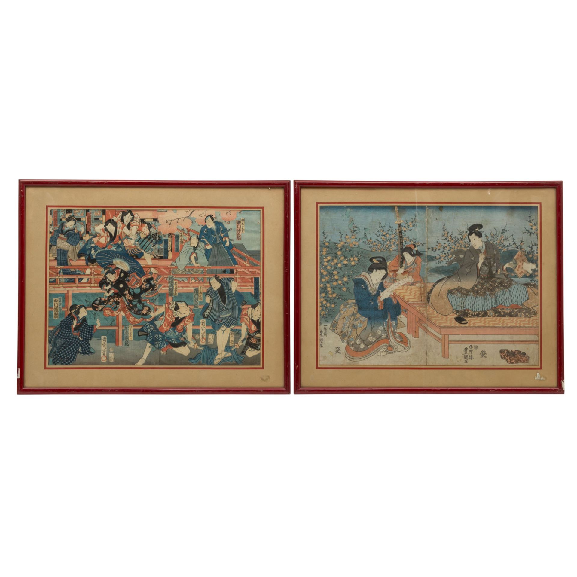 Paar Farbholzschnitte. JAPAN, Meiji-Zeit (1868-1912)Gerahmt, 47x58,5 cm, besch..Two colored wooden