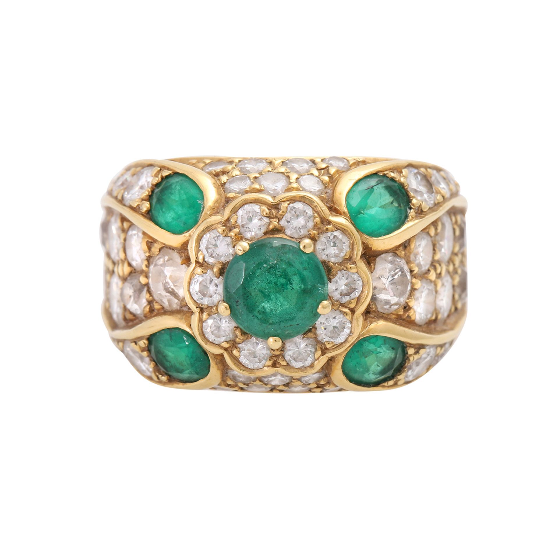 Damenring besetzt mit 5 Smaragde und Diamanten zus. ca. 2,0 cts, TW-W/ VSI- PIQUE.GG 18 K. Ringgröße