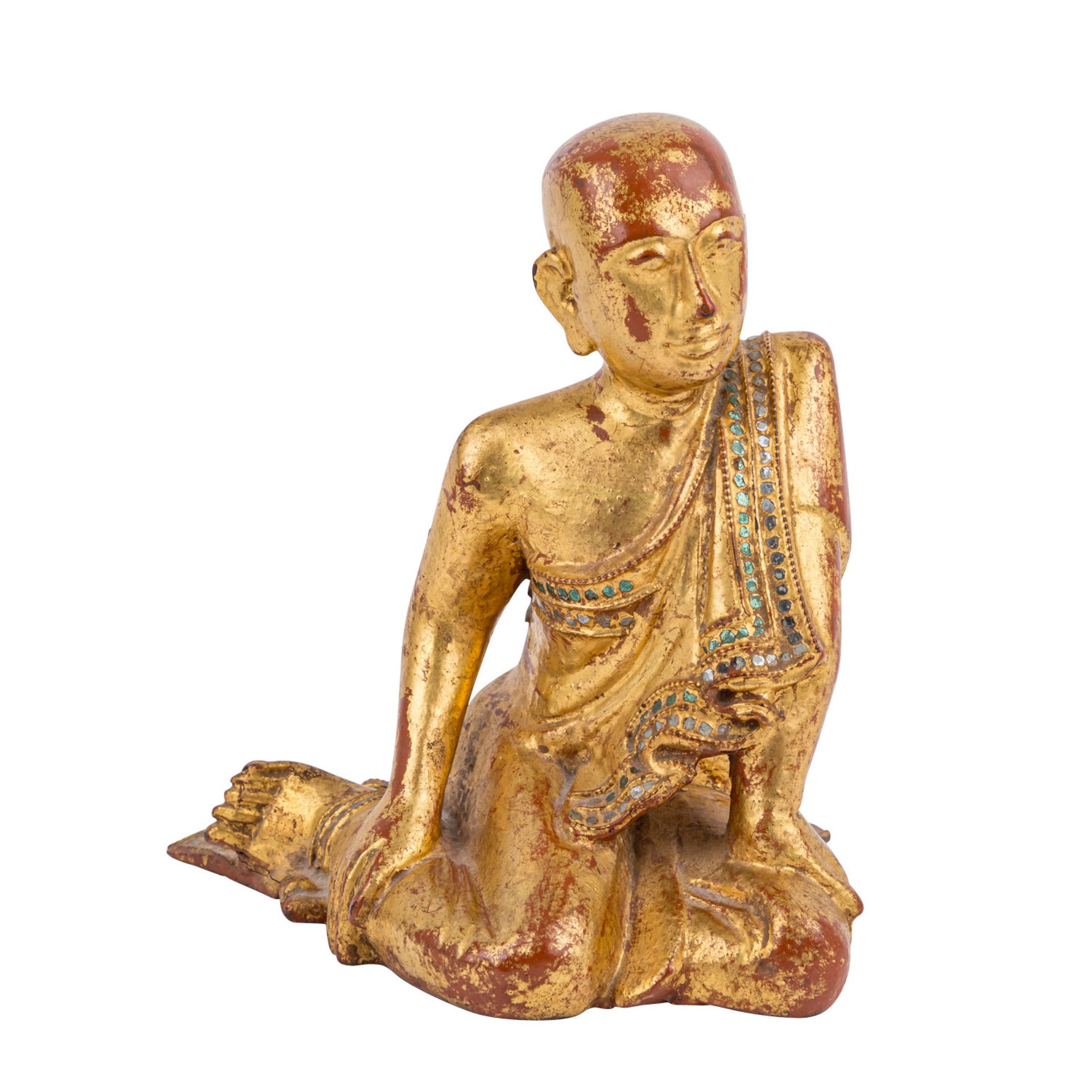 Skulptur eines Mönches aus Holz. BURMA, wohl um 1800.Knieende Darstellung, mehrfach lackiert (