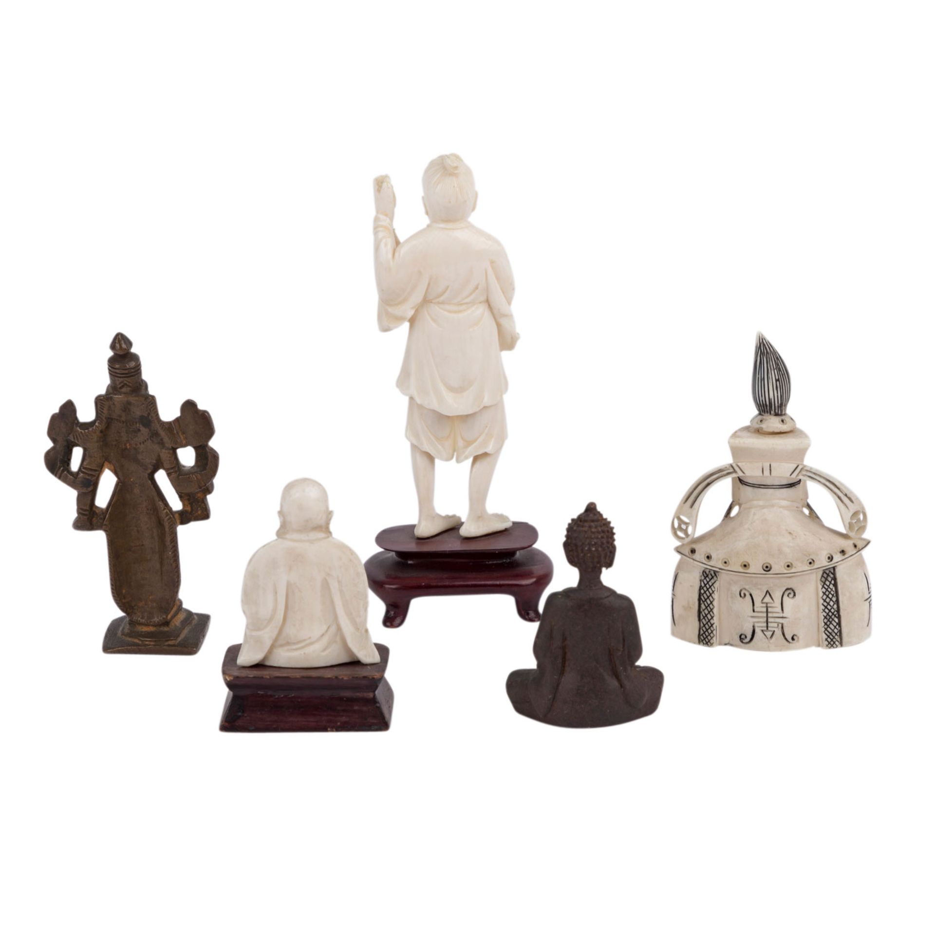 Konvolut: 4 tlg.: 1 snuff bottle und 4 Statuetten. ASIEN.1 snuff bottle aus Elfenbein, um 1930, H: - Bild 3 aus 4