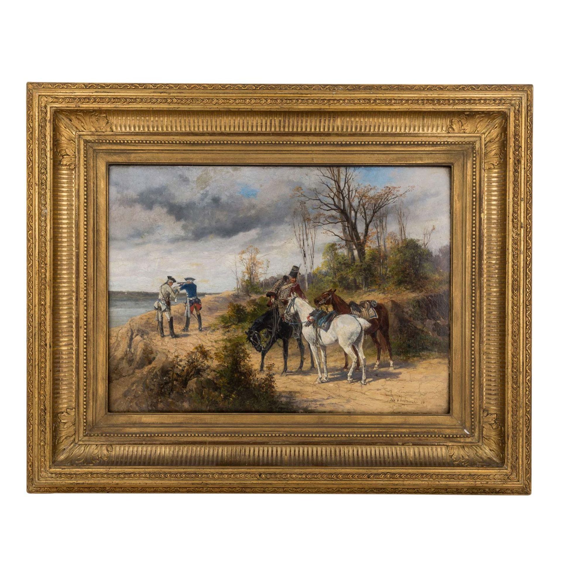 CHELMINSKI, JAN VAN (1851-1925) "Reiterszene"Öl auf Holz, sig und dat. 80, HxB: 32/44 cm. Rahmen, - Bild 2 aus 4