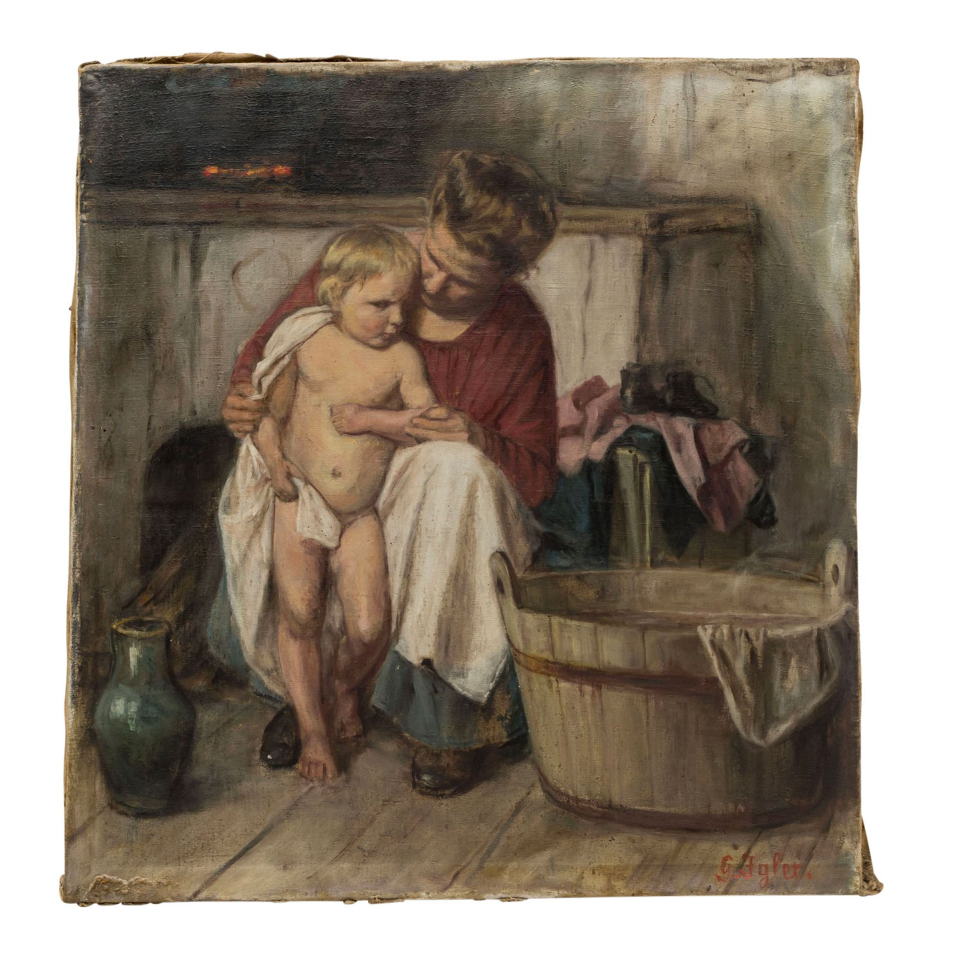 IGLER, GUSTAV (1842-1938) "Mutter mit Kind"Öl auf Leinwand, unten rechts sig. "G. Igler", HxB: 63/59 - Bild 2 aus 6