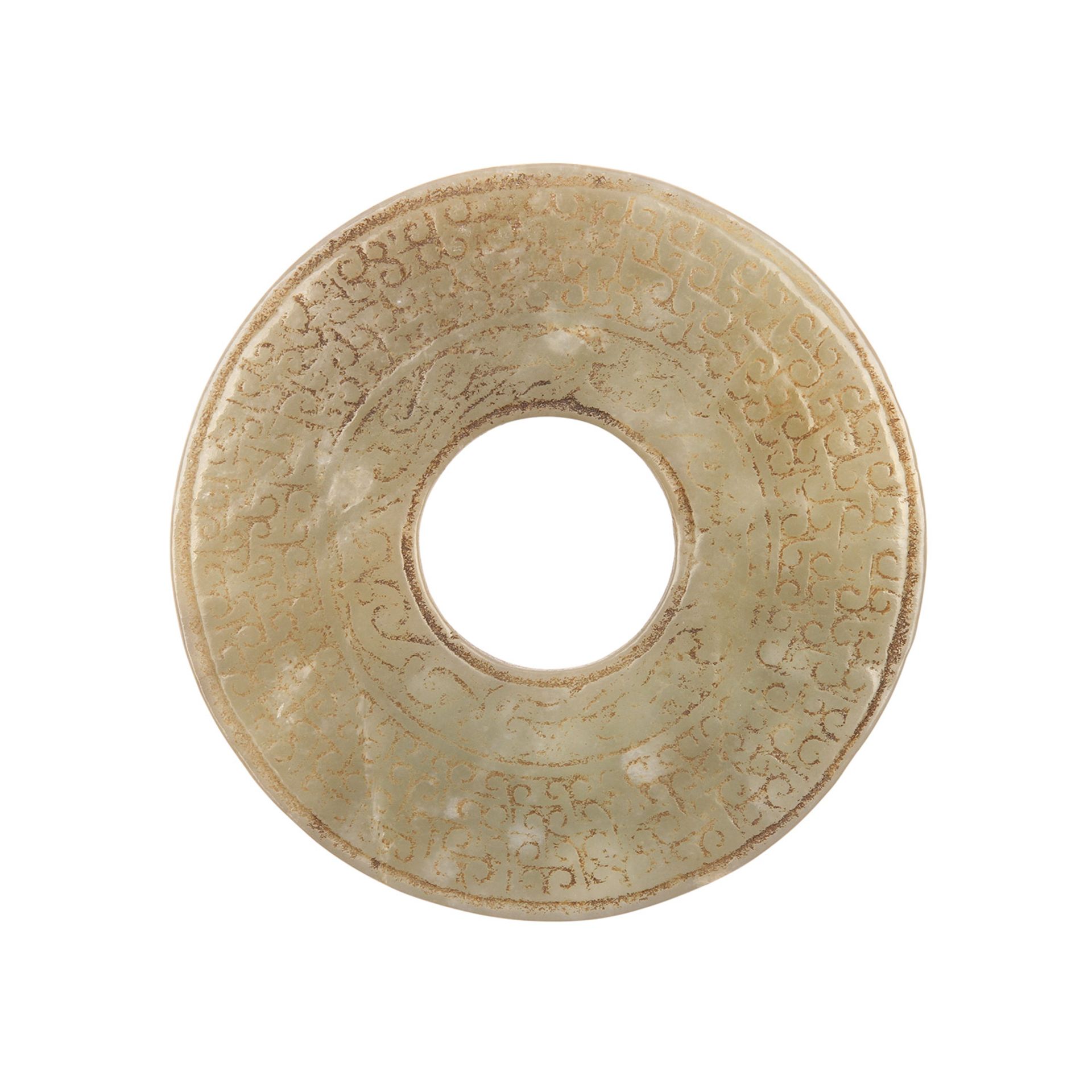Bi-Scheibe aus Jade. CHINA, wohl Han-Dynastie (206 v.Chr. bis 220 nach Chr.).Beige-grüne Jade,