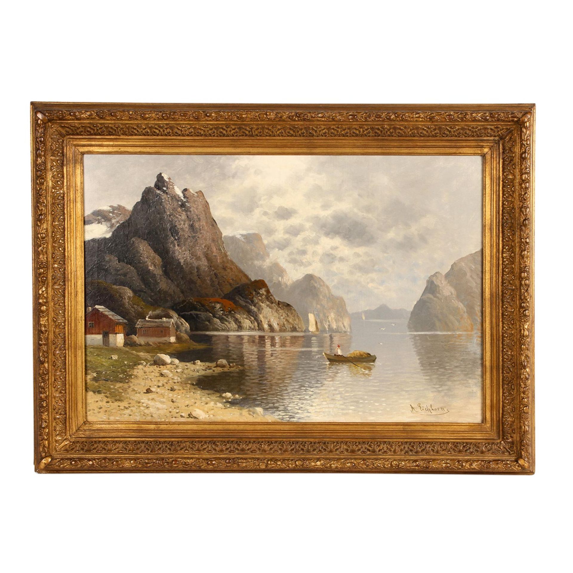 EICHHORN, ALBERT (1811-1851), "Fjordlandschaft mit Häusern und Fischerboot",romantische - Image 2 of 4