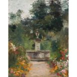 MALER/IN 19./20. Jh., "Brunnen im Park",mit blühenden Blumen am Wegesrand, unsigniert, Öl/Karton,