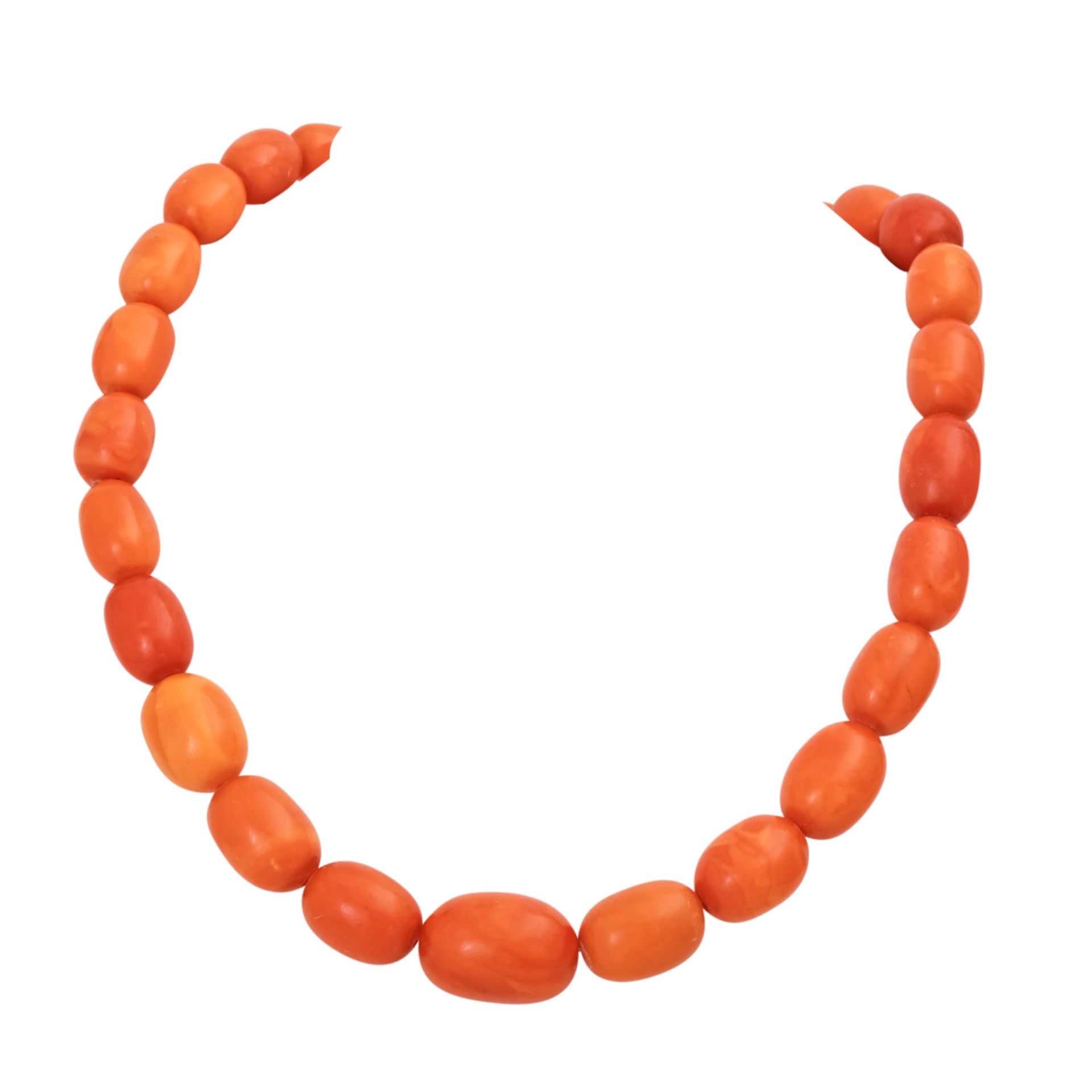 Collier aus olivenförmigen Bernsteinelementenim Verlauf ca. 14x10-25x18 mm, endlos aufgezogen,