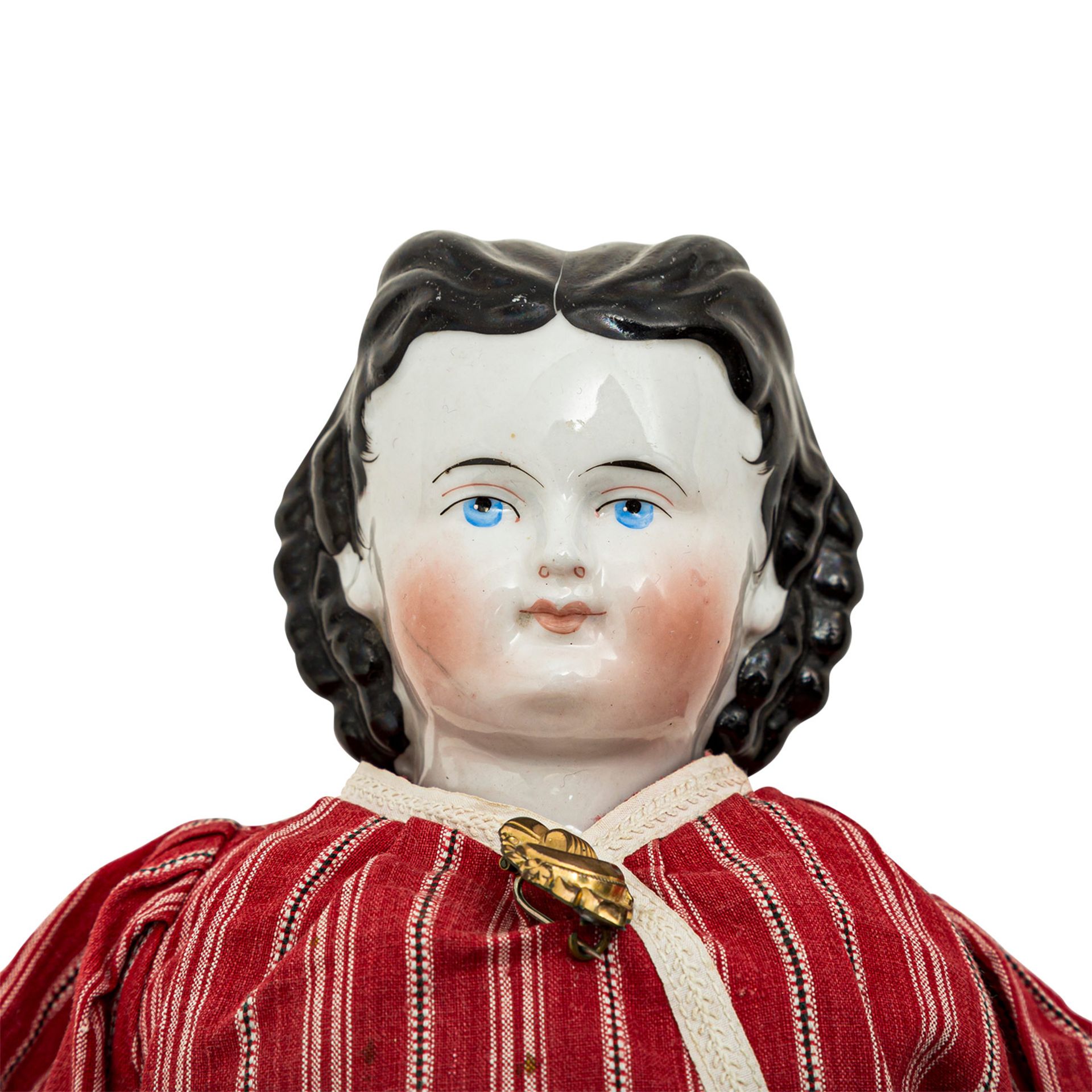 CHINA-HEAD Puppe, wohl 19. Jh.Brustblattkopf-Puppe aus glasiertem Porzellan, blaue, gemalte Augen, - Image 4 of 4
