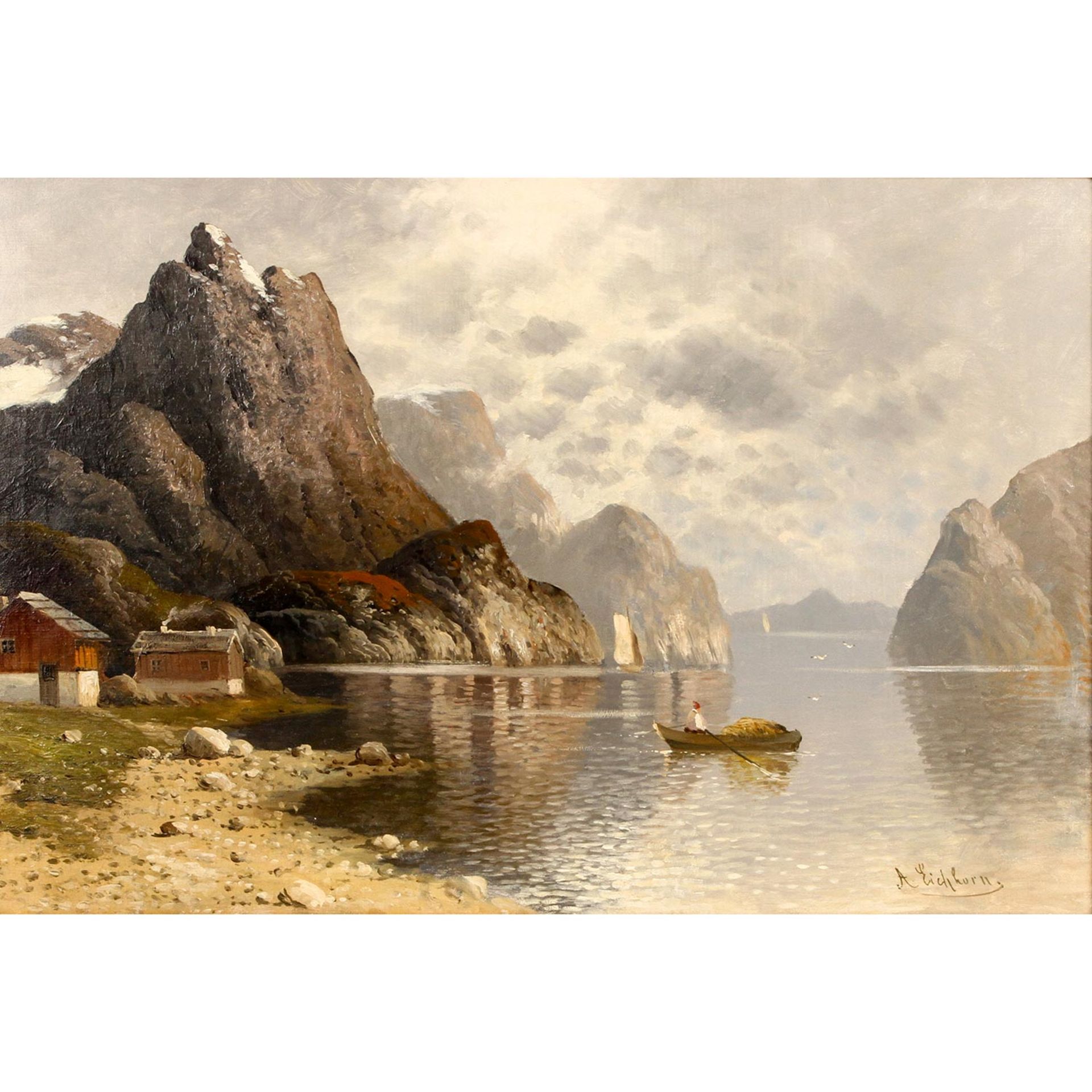 EICHHORN, ALBERT (1811-1851), "Fjordlandschaft mit Häusern und Fischerboot",romantische