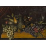 JOUEN, W., "Stillleben".auf Tisch arrangiertes Stilleben mit Weintrauben, Birnen, Blumenvase und
