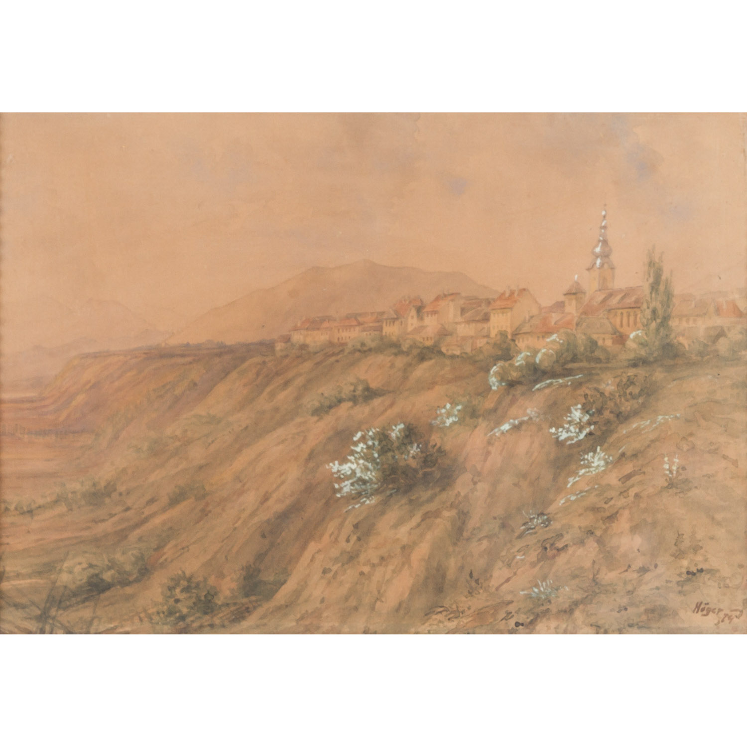 HÖGER, wohl Josef (J.H.: 1801-1877), "Stadt mit Kirche auf Bergrücken",im Vordergrund der Hang