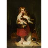 MALER DES 19.JH., "Mädchen mit Hund"Öl auf Platte, HxB: 35/26 cm. Rahmen, starke Altersspuren.
