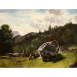 VOLTZ, LUDWIG (1825-1911), "Wanderer in felsiger Gebirgslandschaft",wohl ein Maler mit Utensilien zu