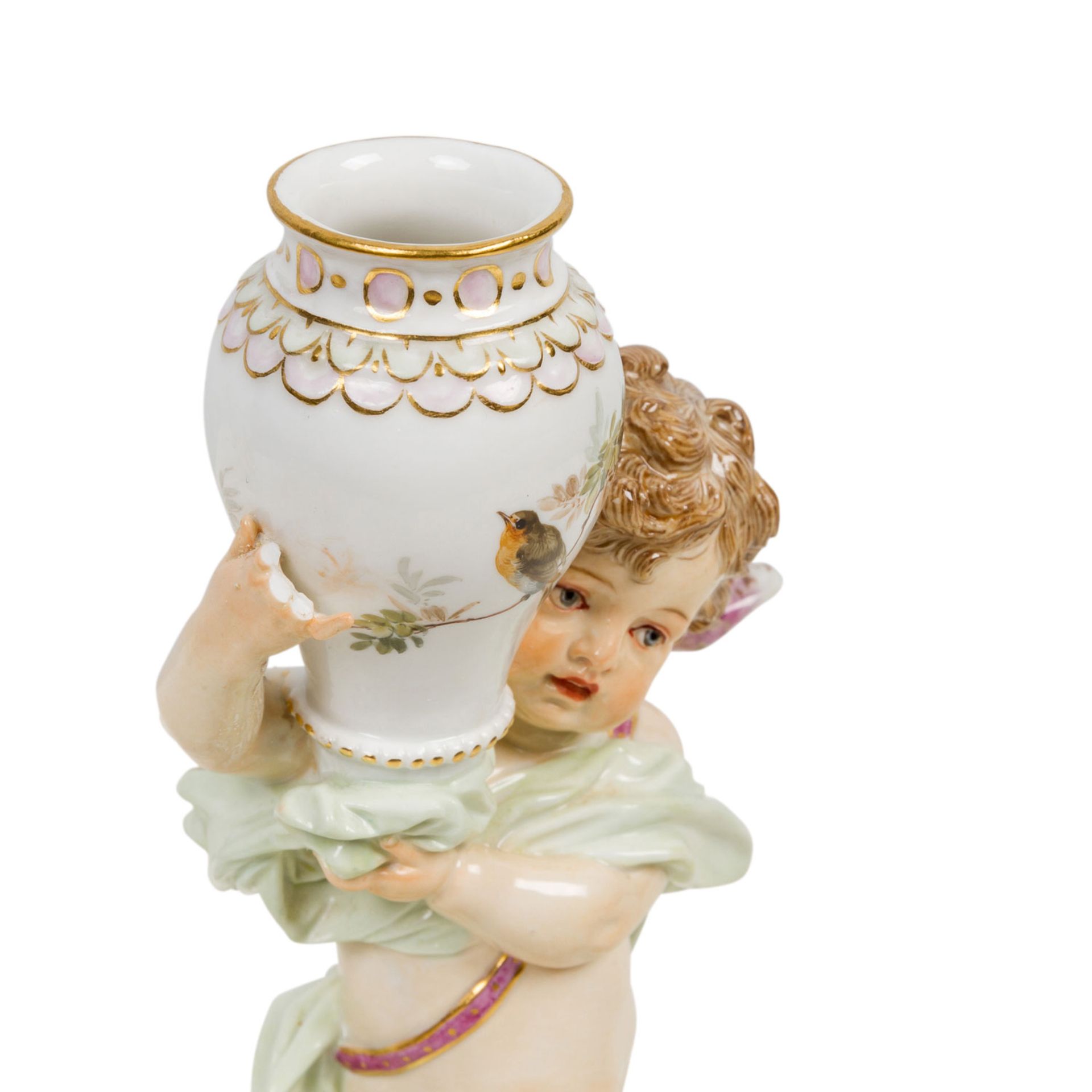 MEISSEN Amorette, eine Vase tragend, 1860-1924.Amorette auf rocailliertem Landschaftssockel, an - Image 5 of 8