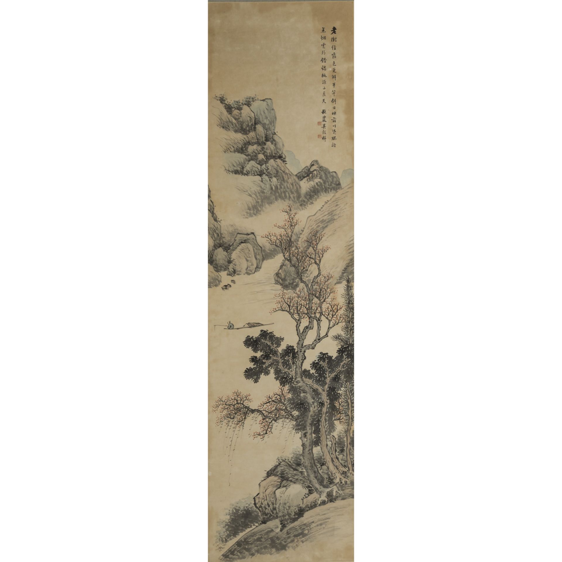 Malerei. CHINA, wohl 19. Jh..Felsige Flusslandschaft mit einsamem Fischer. Tusche und leichte Farben