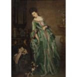 LINDER, L. (Maler 19. Jh.), "Dame mit Hund"Öl auf Leinwand diese auf Platte aufgezogen, unten