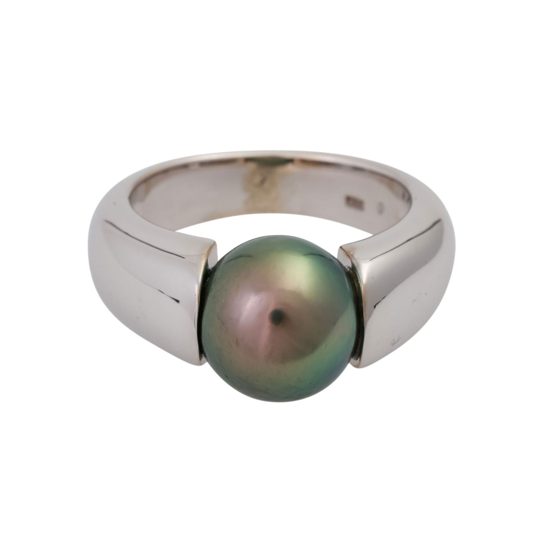 Ring mit Tahiti Zuchtperle, ca. 11 mm, grau-grünmit rosa Oberton, schöner Lüster, WG 14K, RW 57,