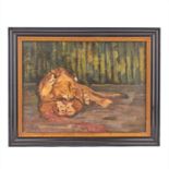 FREY, OSKAR (1883-1966) 'Löwe'.Fressender Löwe, Öl/Lwd., unten links signiert, ca. 33x44,5cm,