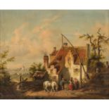 NAGEL (Maler/in 19. Jh.), "Flämische Landschaft mit Brunnen vor dem Haus",Mägde und Knecht beim
