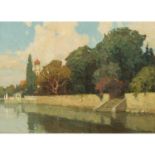 GÖHLER, HERMANN (1874-1959), "Park am Bodensee",mit Treppe zum Wasser und Kirche im Hintergrund, u.