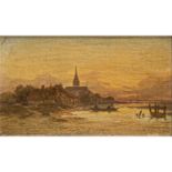 MALER/IN 19. Jh., "Halbinsel an Gebirgssee bei Sonnenuntergang",romantische Landschaft mit Ruderboot