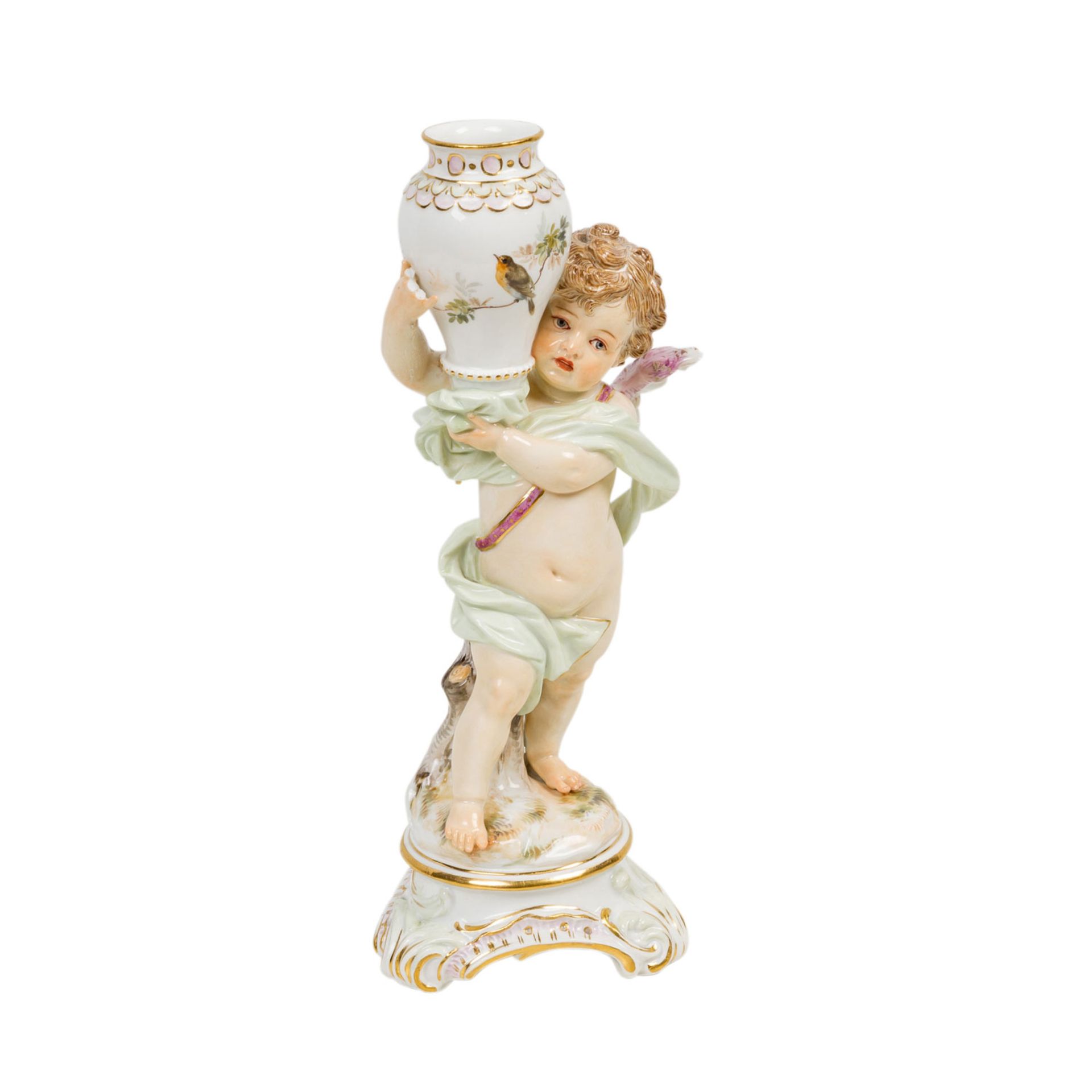 MEISSEN Amorette, eine Vase tragend, 1860-1924.Amorette auf rocailliertem Landschaftssockel, an