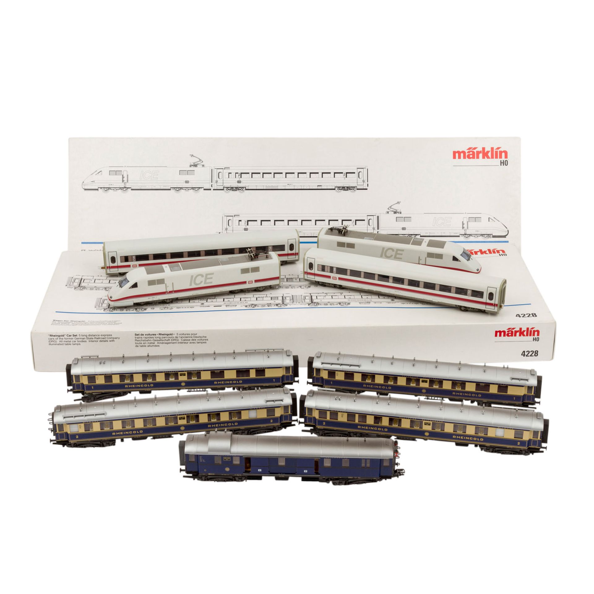 MÄRKLIN 2 Wagensets "Rheingold" und "ICE 3370", Spur H 0.Bestehend aus 4-tlg. ICE Triebzug der DB,