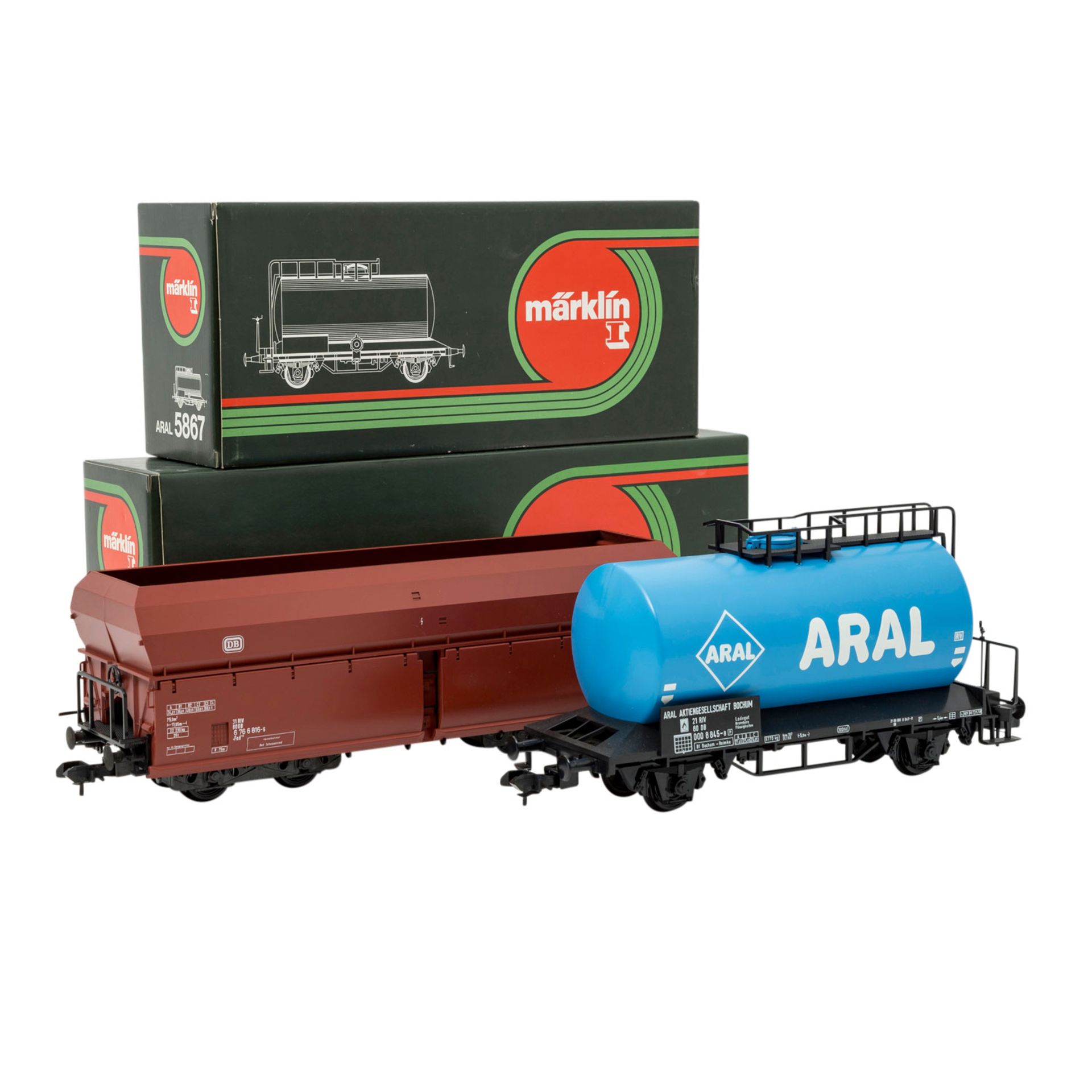 MÄRKLIN 2tlg Konvolut Güterwagen, Spur 1.Bestehend aus "Aral" 5867, L ca. 32 cm und Erzwagen 5874, L