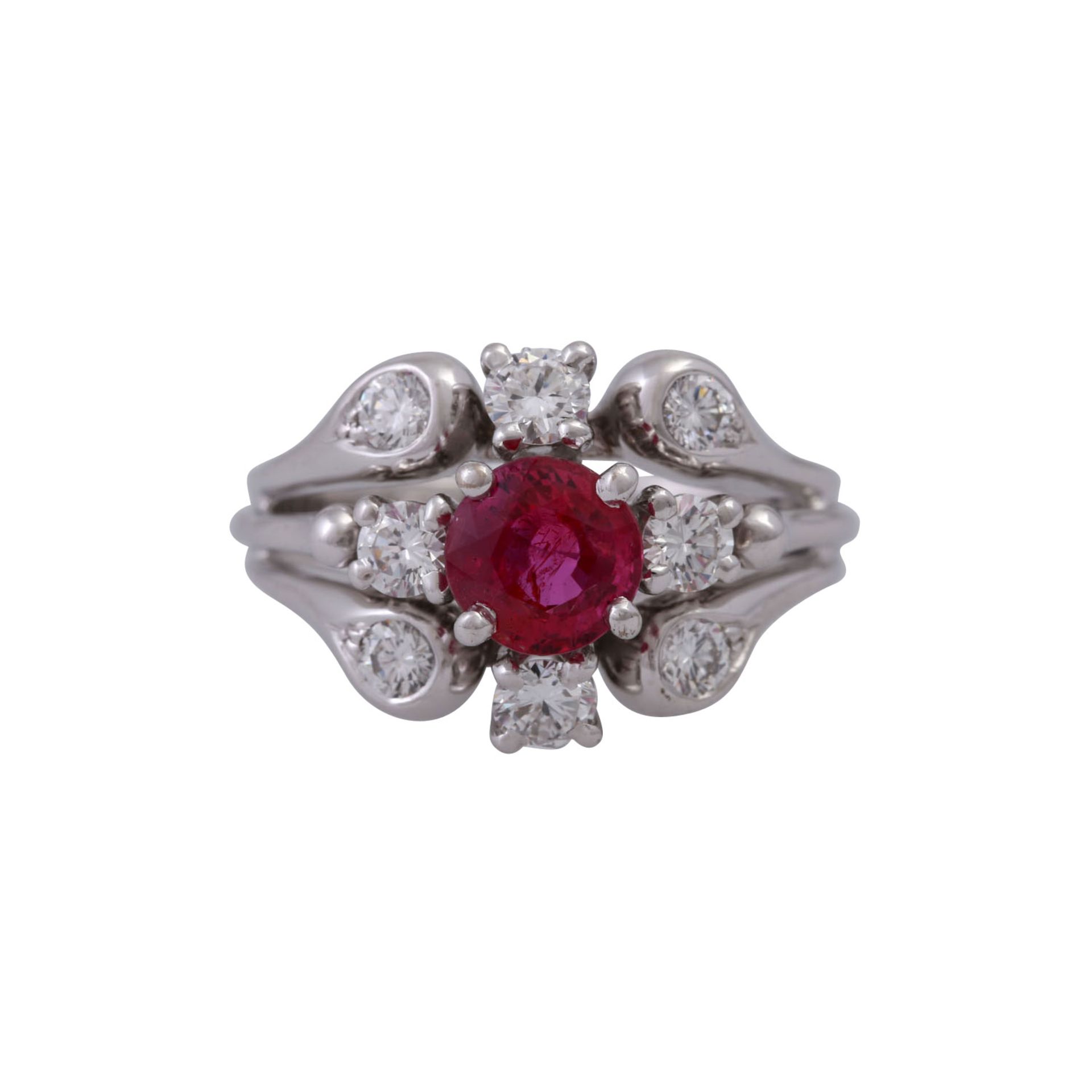 Ring mit rund fac. Rubin, ca. 1 ct und 8 Brillanten, zus. ca. 0,9 ct,WEISS-LGW (H-I)/VS, WG 18K,